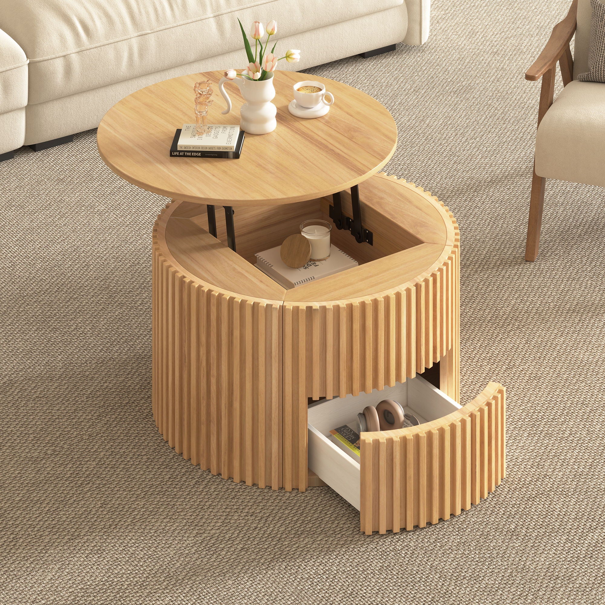 Round Lift Top Coffee Table With Hidden Storage For Living Room