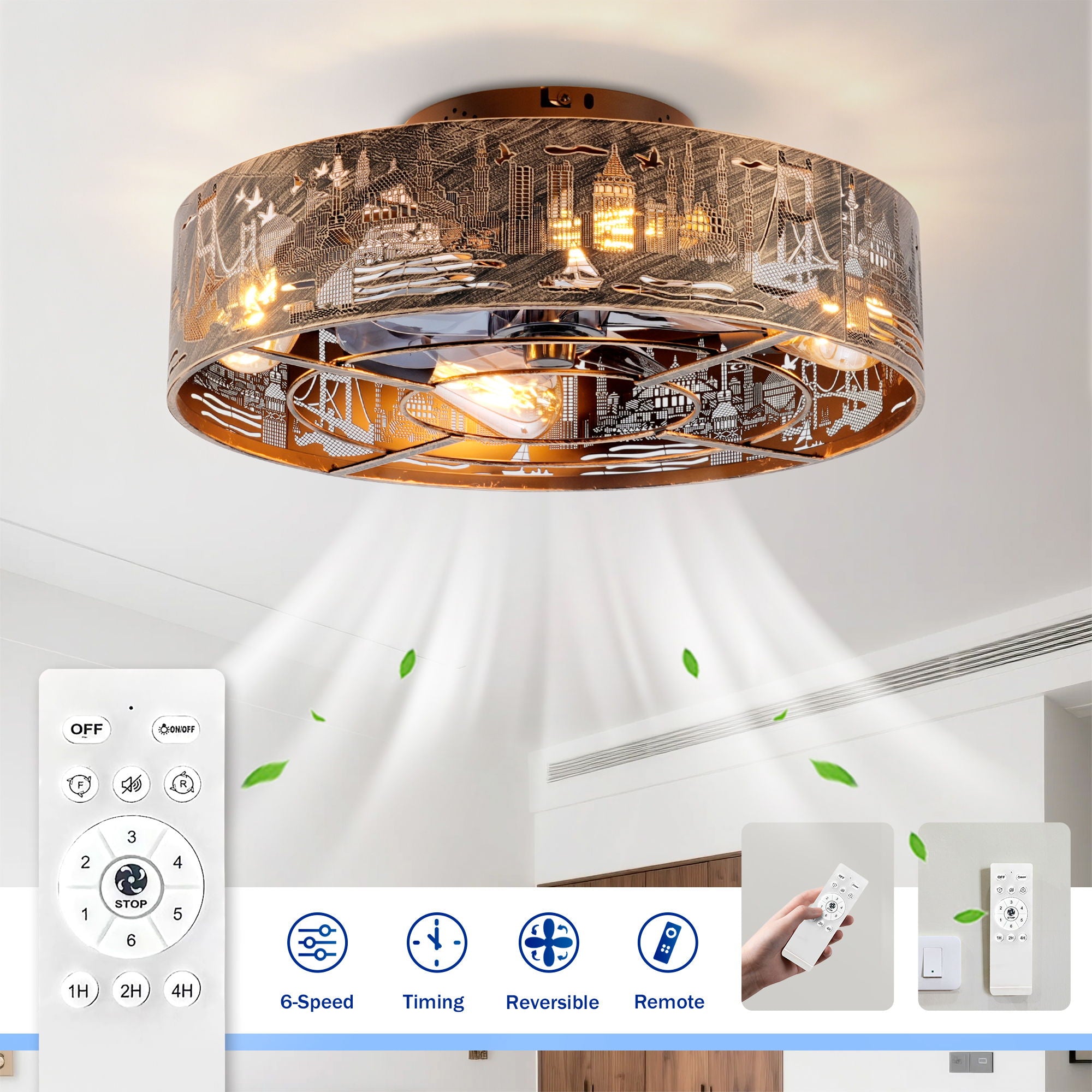 20" Iron Art Ceiling Fans With Remote, Flush Mount Ceiling Fan With 6 Speeds Reversible Motor, Not Included Bulbs - Blush / Gold / Bronze