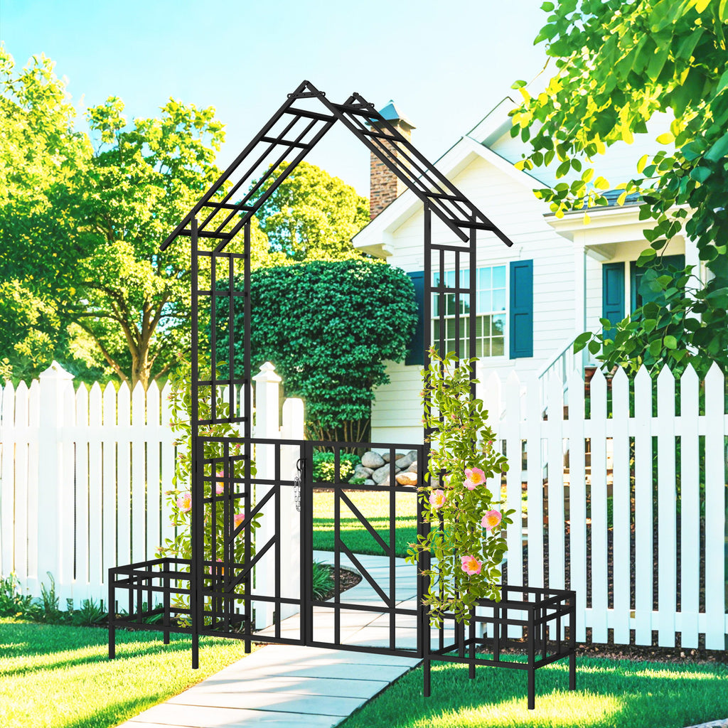 Garden Arch With Gate With Planter, Climbing Plants Support Outdoor - Black
