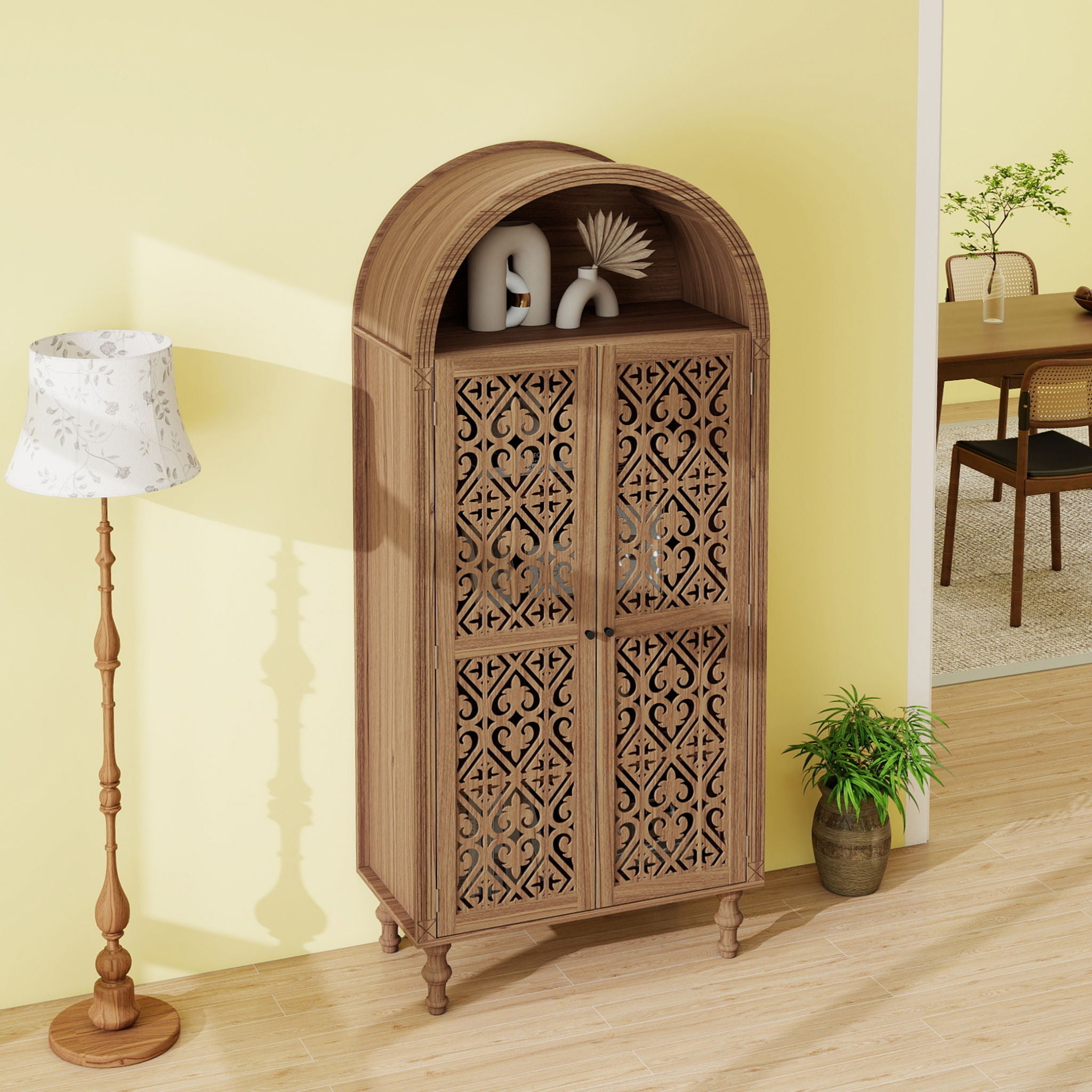 Tall Kitchen Pantry Cabinet With Hollow Carved Doors Adjustable Shelves Versatile Storage Cabinet For Kitchen - Walnut