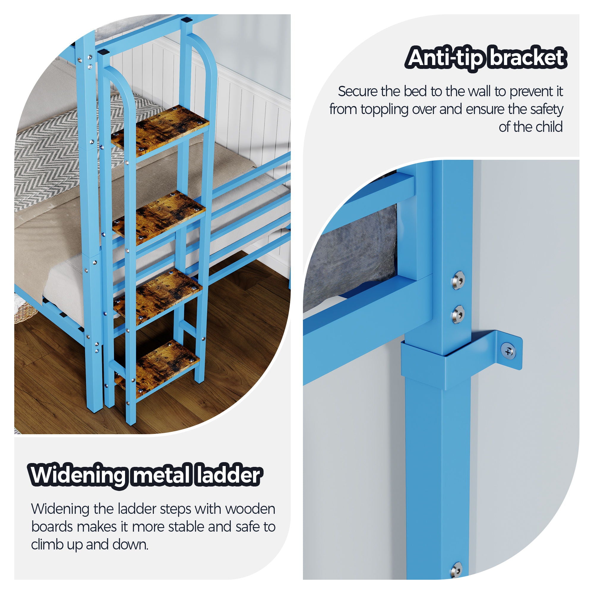 Bunk Bed, Convertible To 2 Separate Twin Size Beds With Full Length Guardrail & Ladder, No Box Spring Needed - Blue