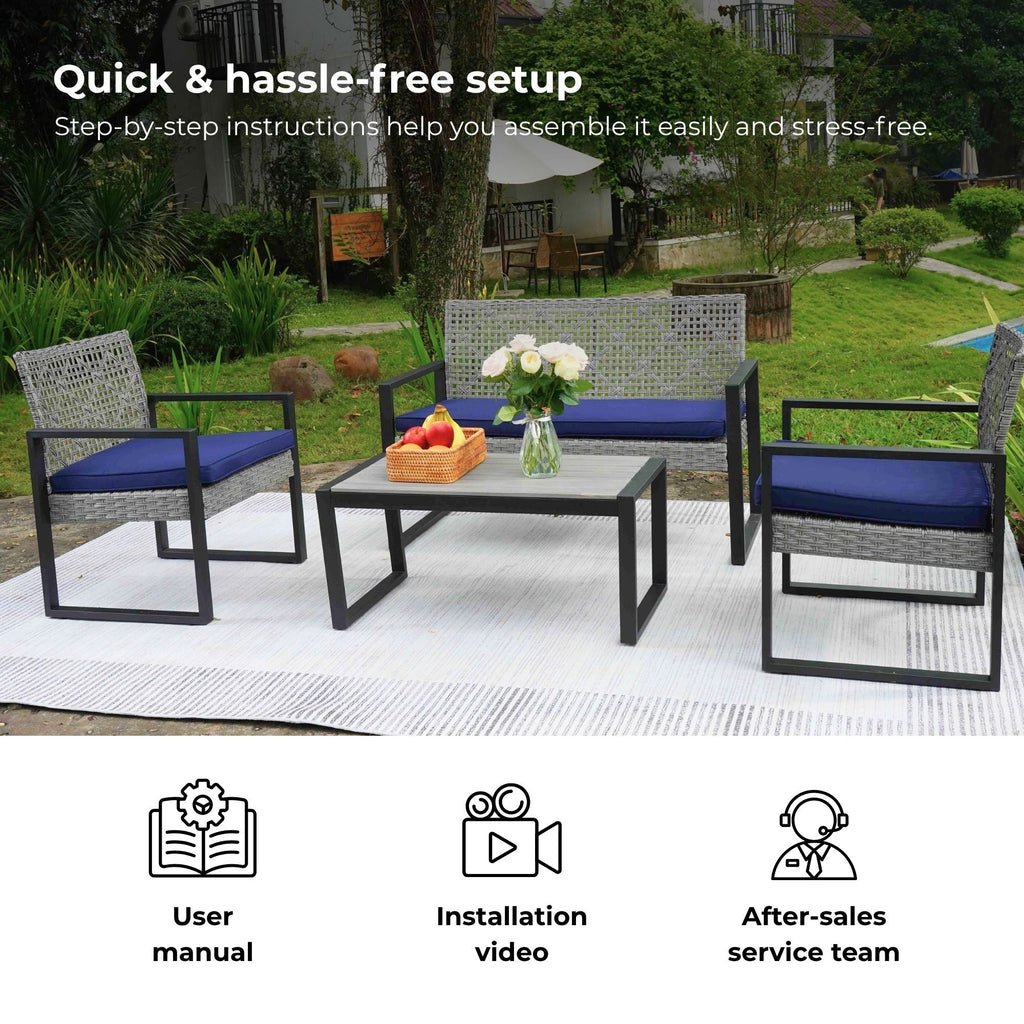 4 Piece Patio Furniture Set With Acacia Wood Table Top And Cushions