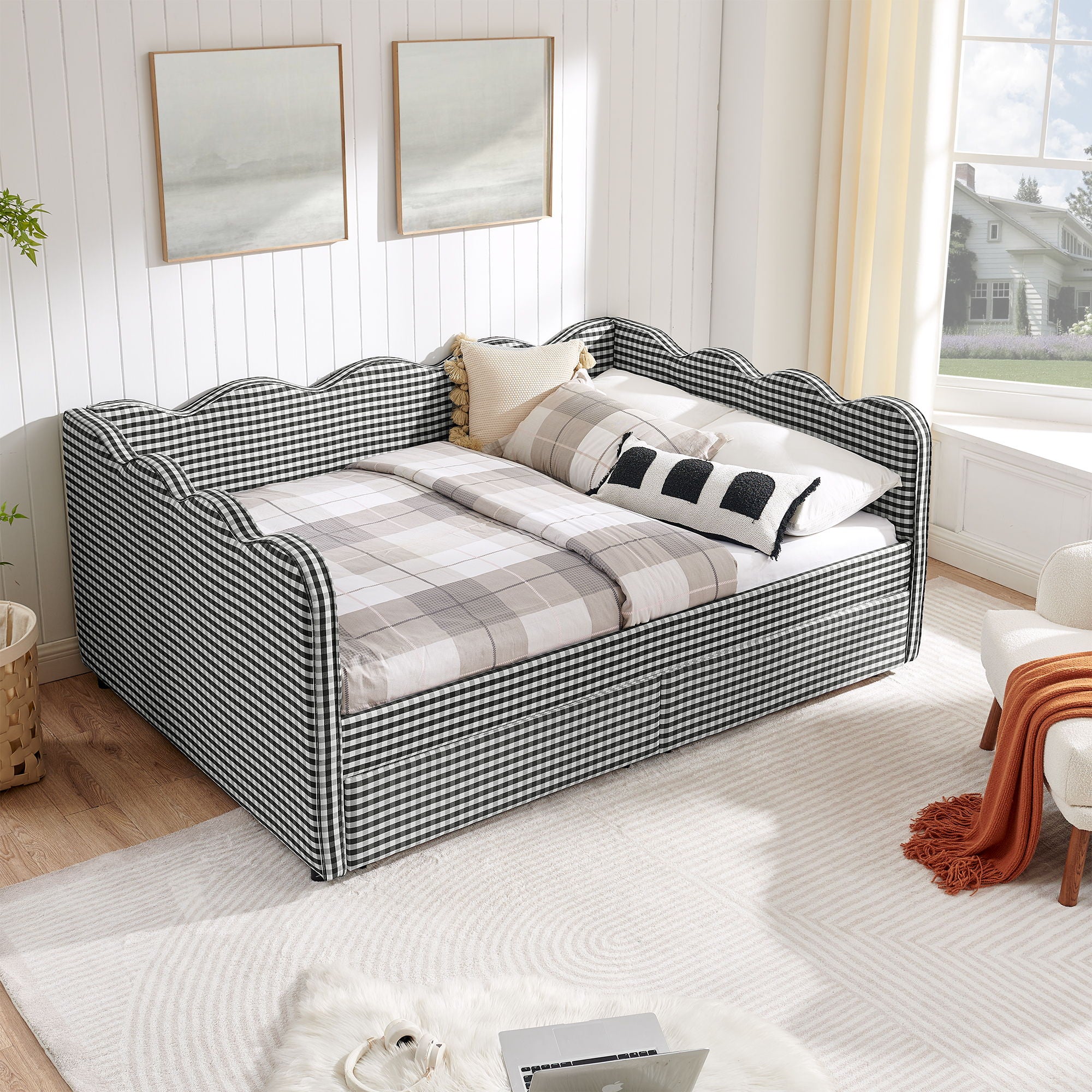Gingham Daybed & USB Charging Port, Wave-Shaped Design