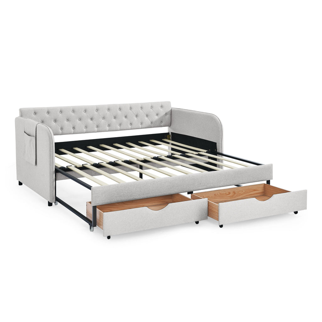Daybed With Trundle And Storage Drawers, Flat Arms With Pocket