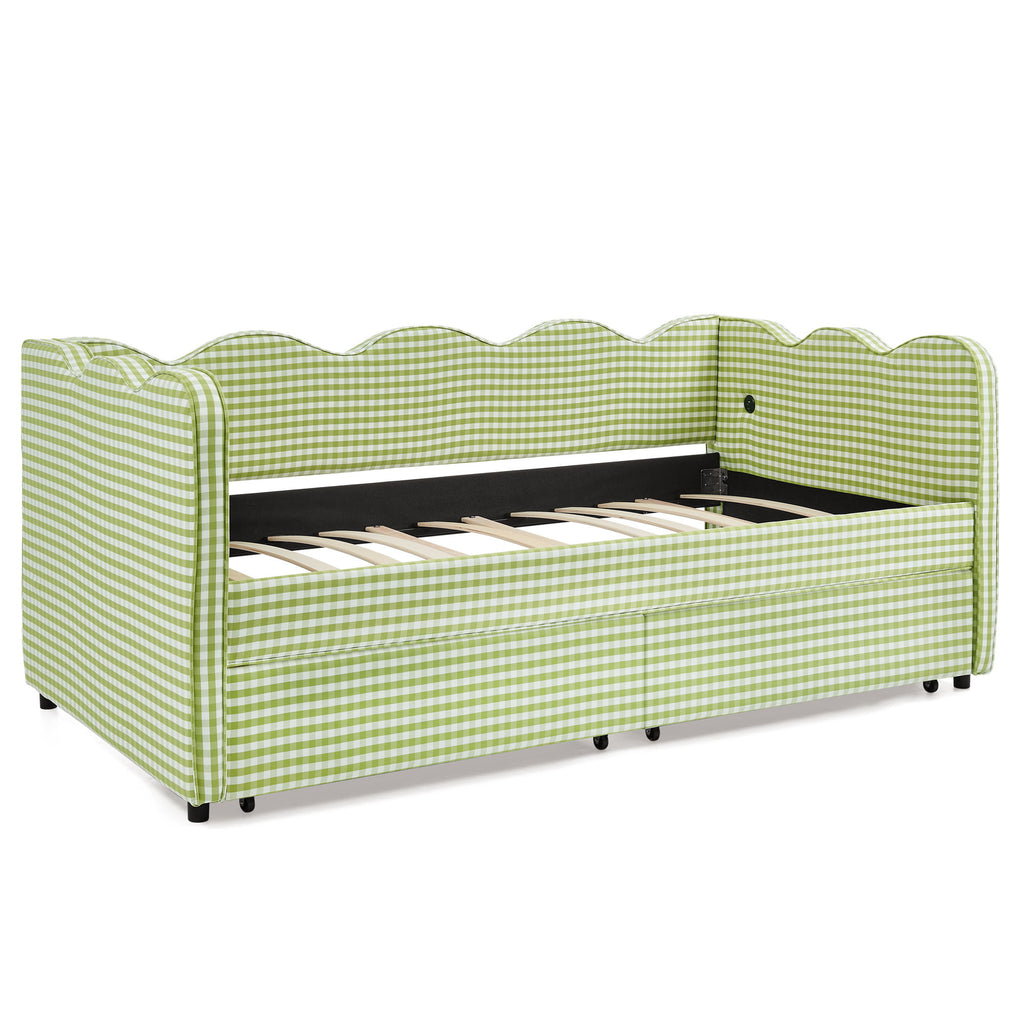 Gingham Daybed With USB Charging Port, Wave-Shaped Design