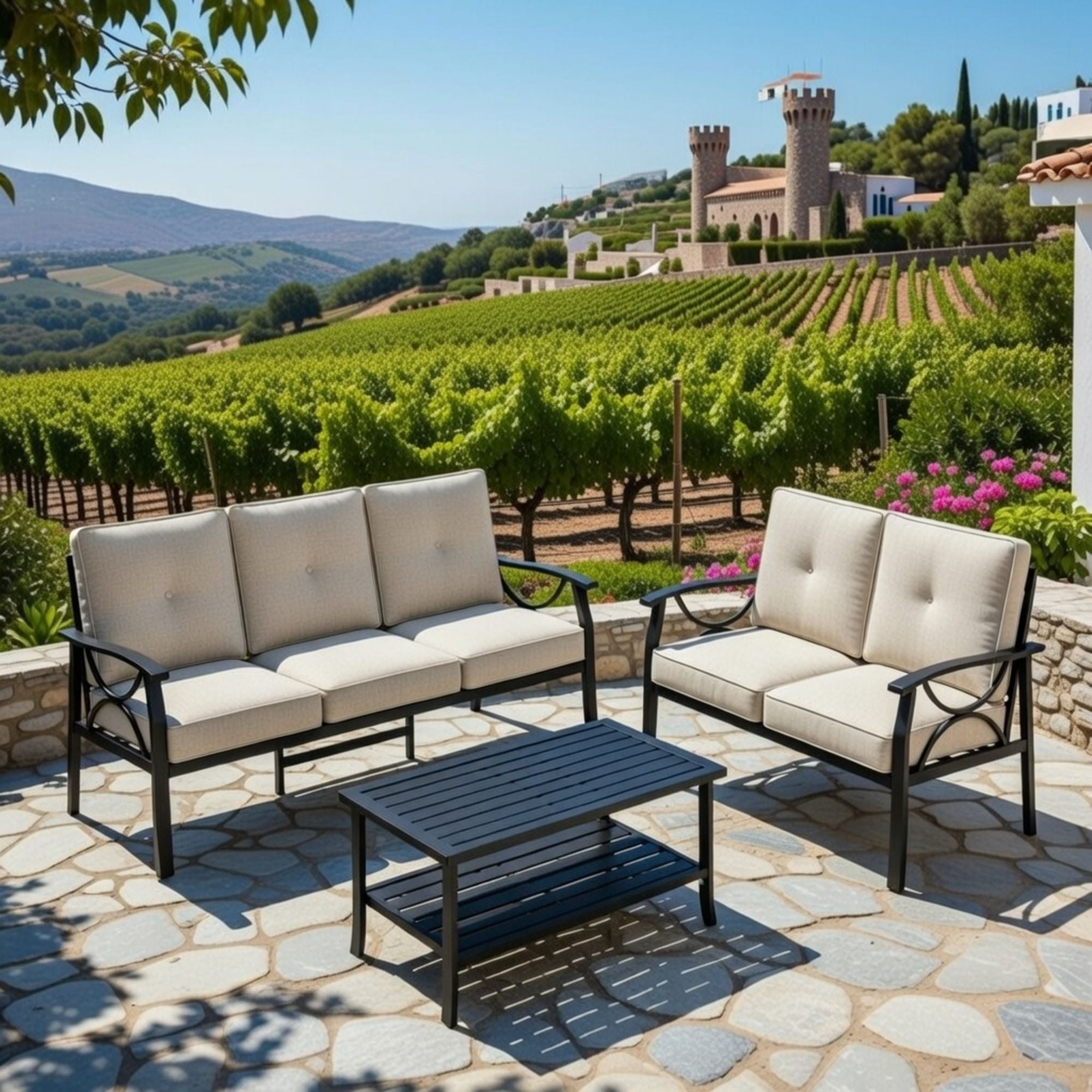 Patio Furniture Set & Coffee Table And Cushions For Backyard
