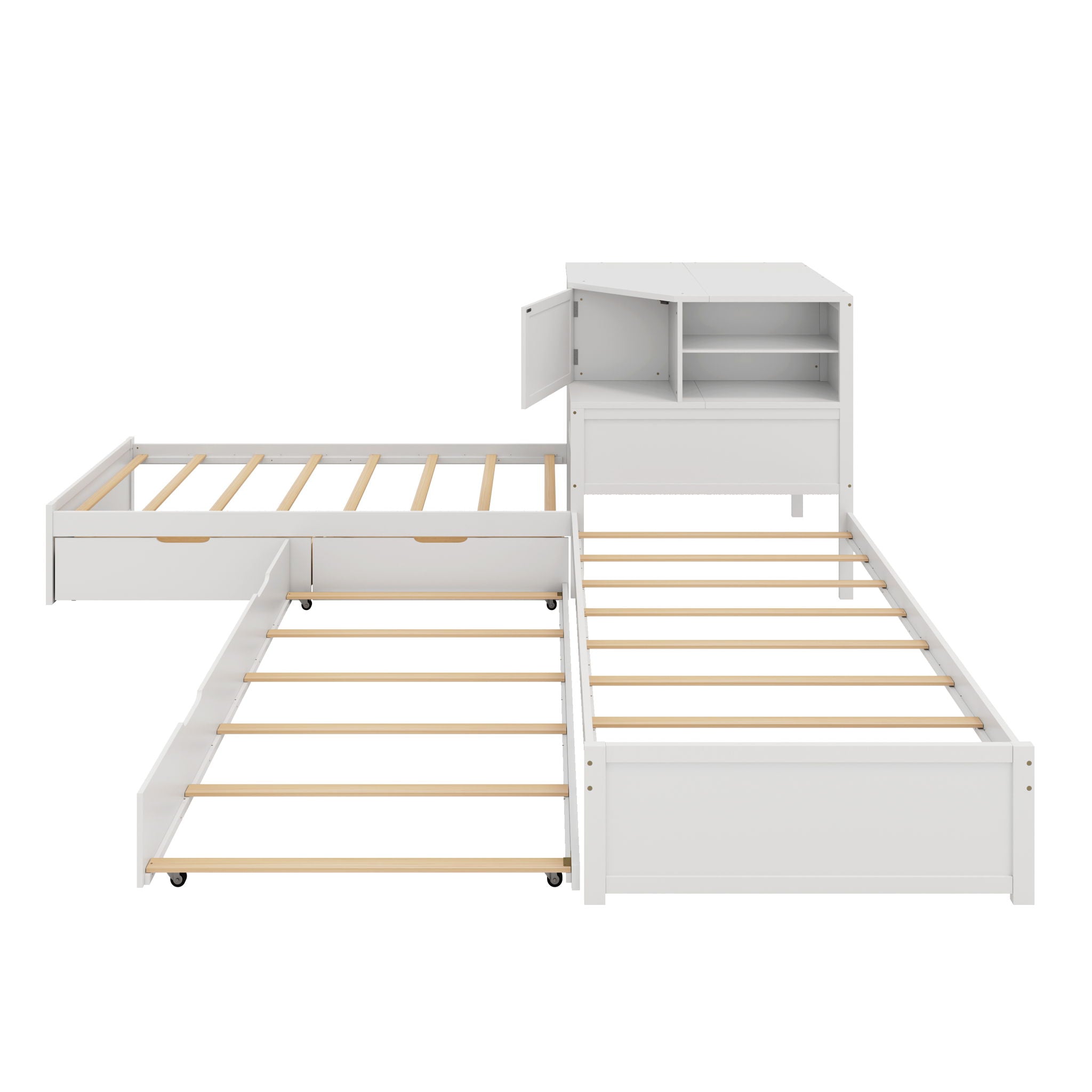 L-Shaped Bed Frame With Trundle, Built In Desk & LED Lighting