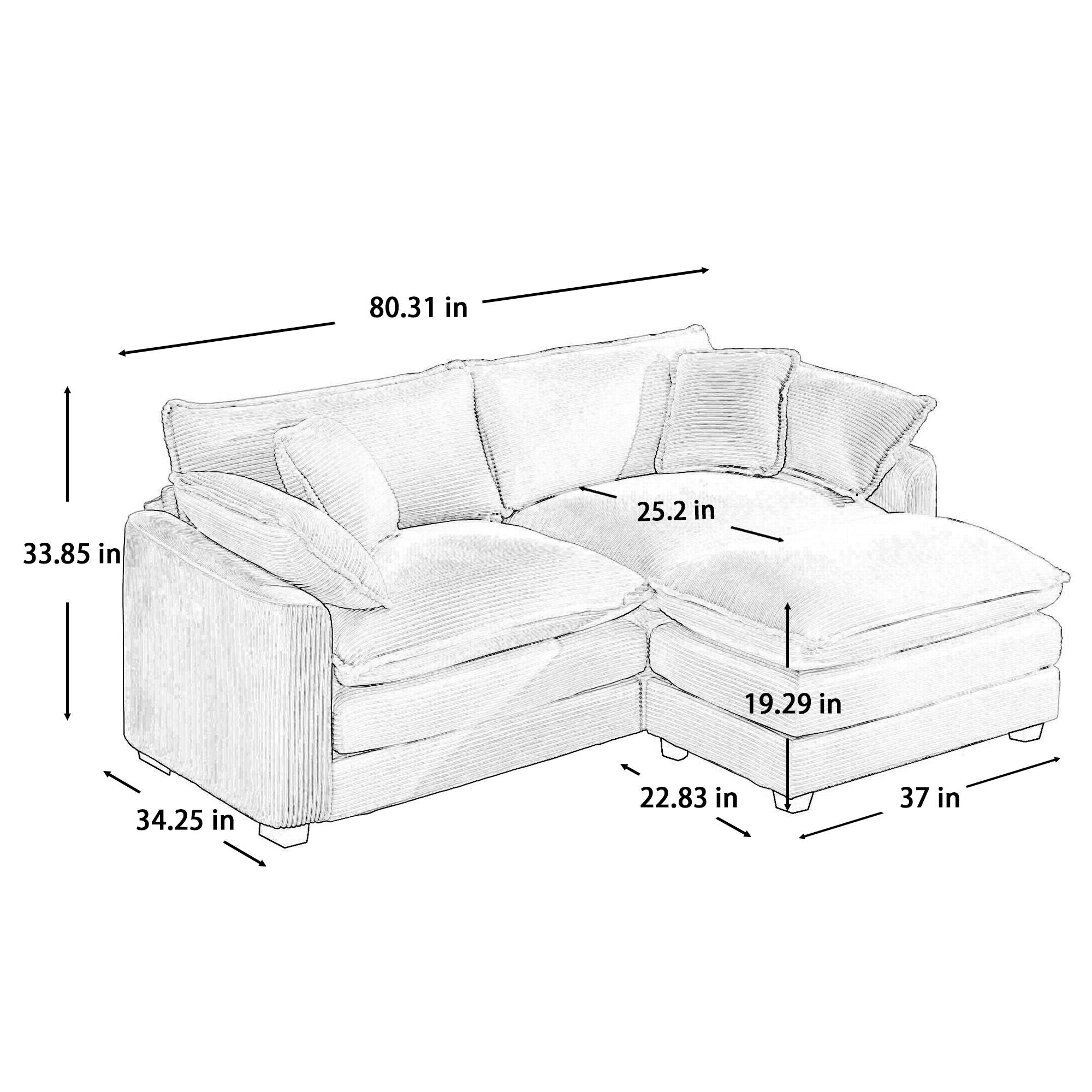 Modern Modular Cushion Sofa With Ottoman, Low Back, Deep Seating Sofa Set