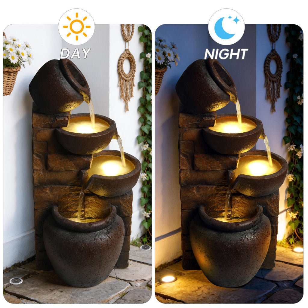 Tiered Outdoor Garden Water Fountain With Warm LED Lights - Brown
