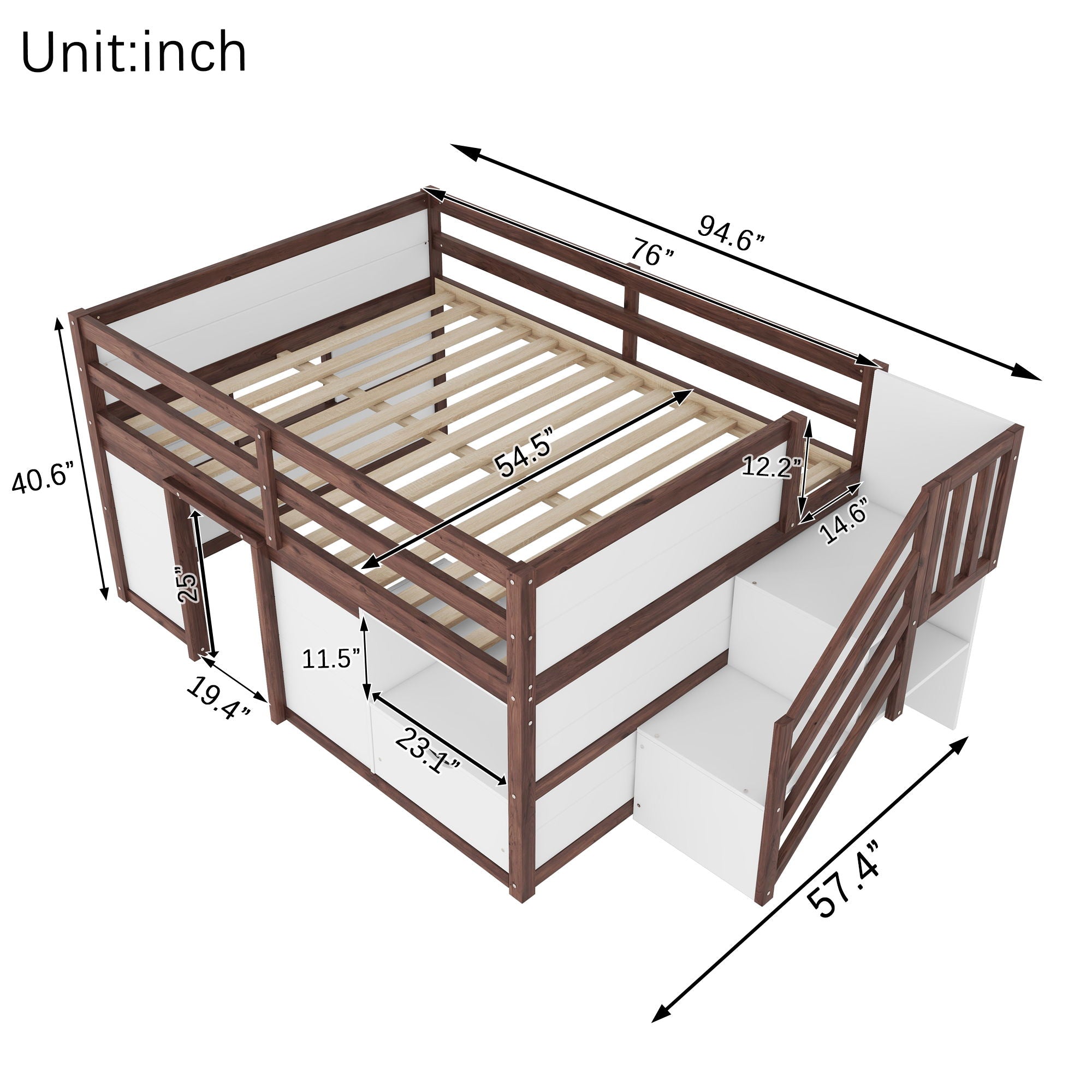 Low Loft Bed Frame With Built In Stairs, Storage Drawer, Shelf And 7 Color LED Light