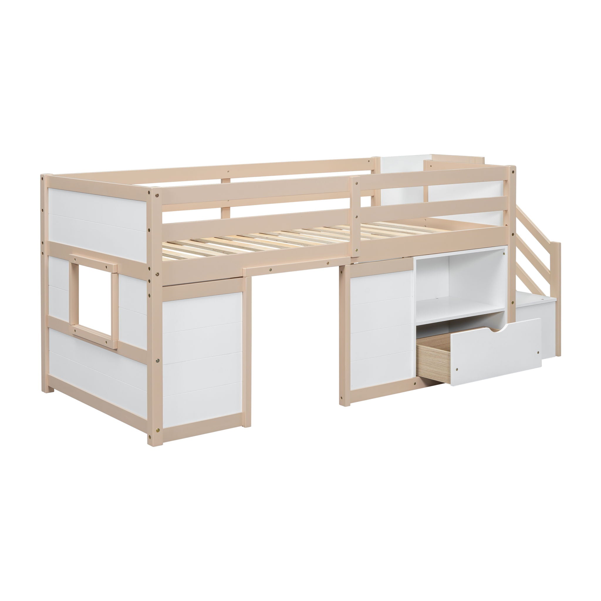 Low Loft Bed With Stair, Drawer, And Shelf