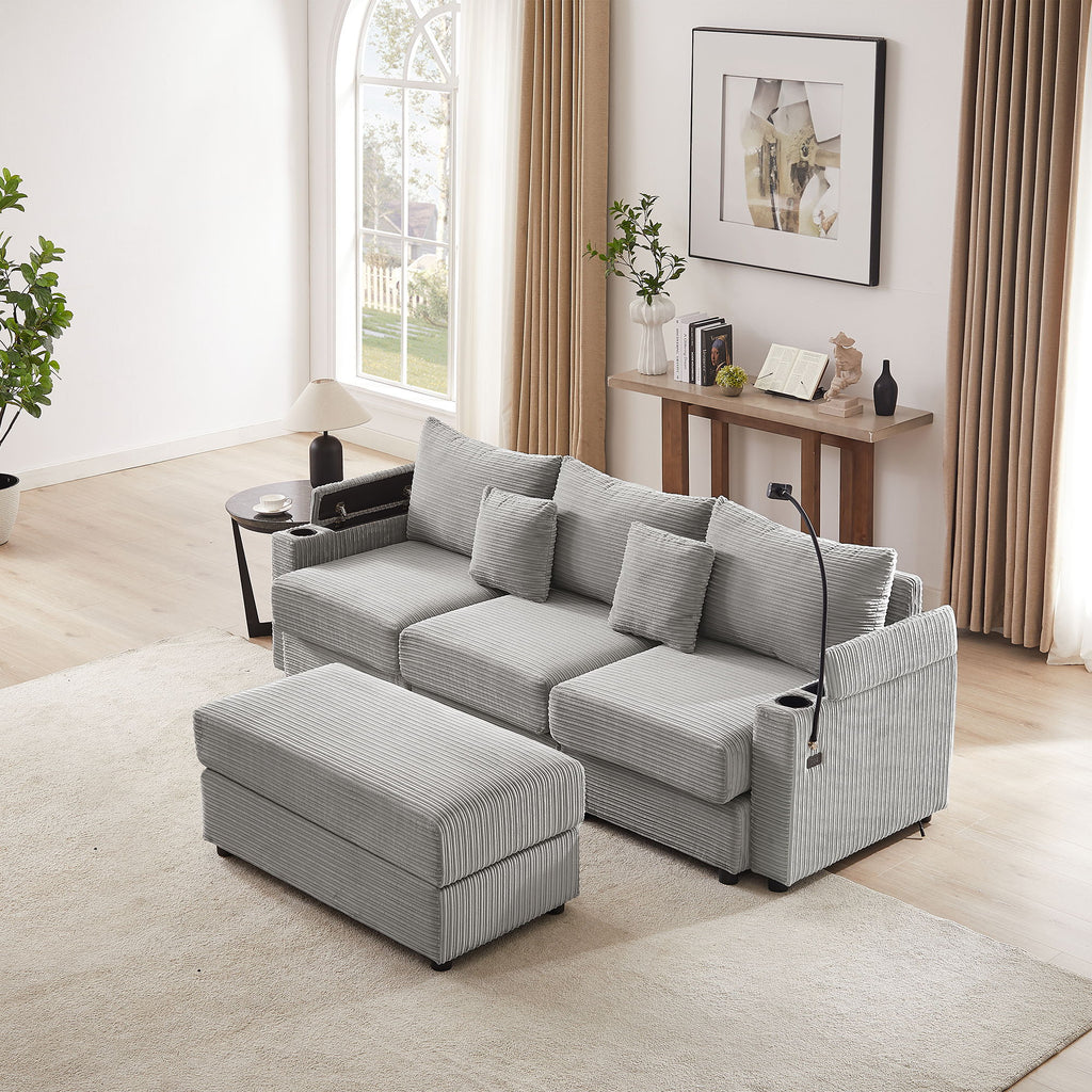 Modern Style Single Sofa Sofa Couch With Storage Space, A Movable Ottoman, 2 USB Ports, 2 Cup Holders, A Phone Holder For Living Room
