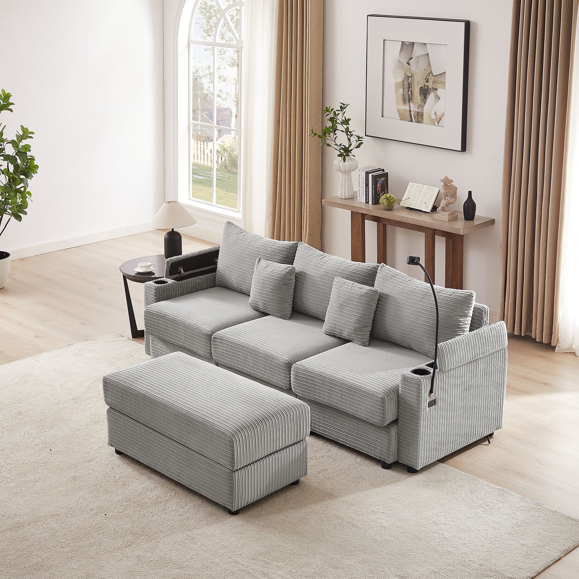 Modern Style Single Sofa Sofa Couch With Storage Space, A Movable Ottoman, 2 USB Ports, 2 Cup Holders, A Phone Holder For Living Room