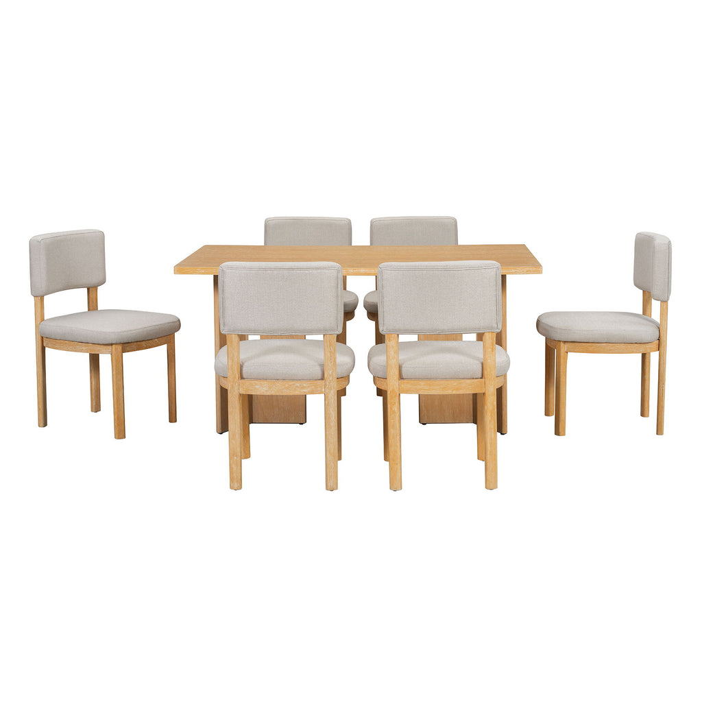 Dining Table Set With 6 Upholstered Chairs, Rectangular Table With Cutout Legs