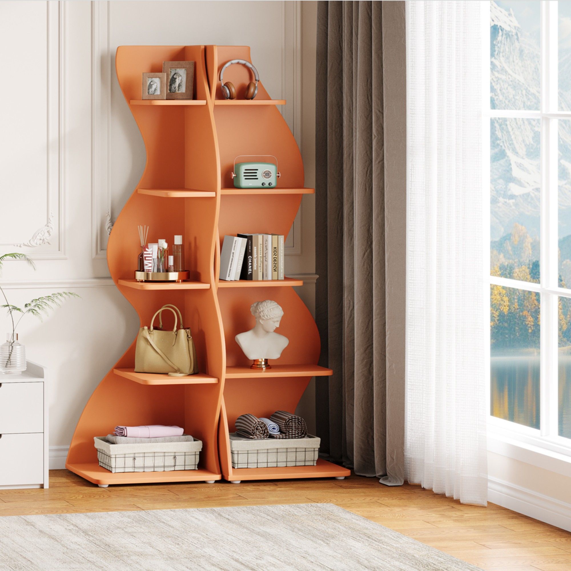 5 Tier Wavy Corner Bookshelf And Plant Stand For Living Room