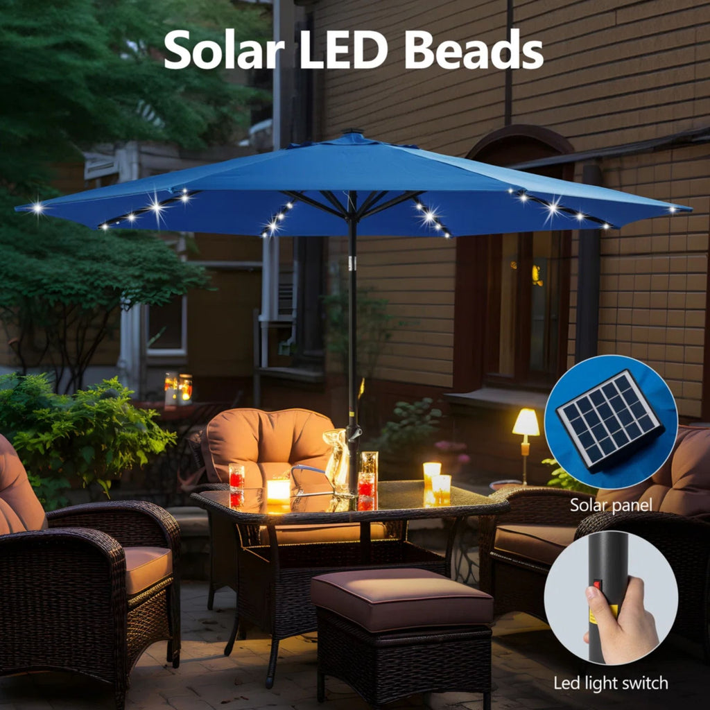 Solar LED Patio Umbrella With Crank Lift And Tilt, 8 Ribs, UV Resistant Canopy For Pool, Backyard & Patio (Without Base) - Blue