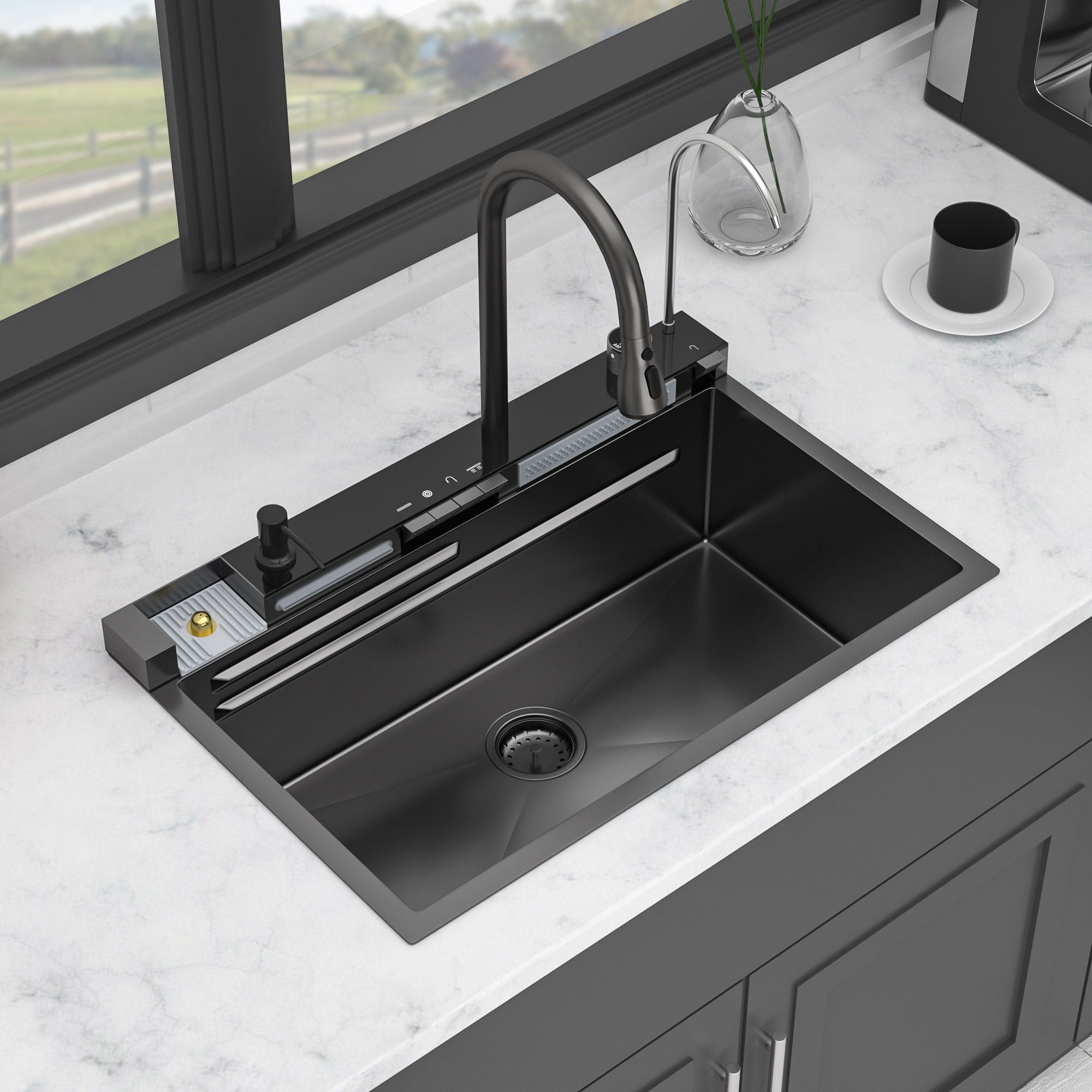 30" Whale Digital Waterfall Sink With LED Display, 16 Gauge Single Bowl Ledge Workstation - Gunmetal Black