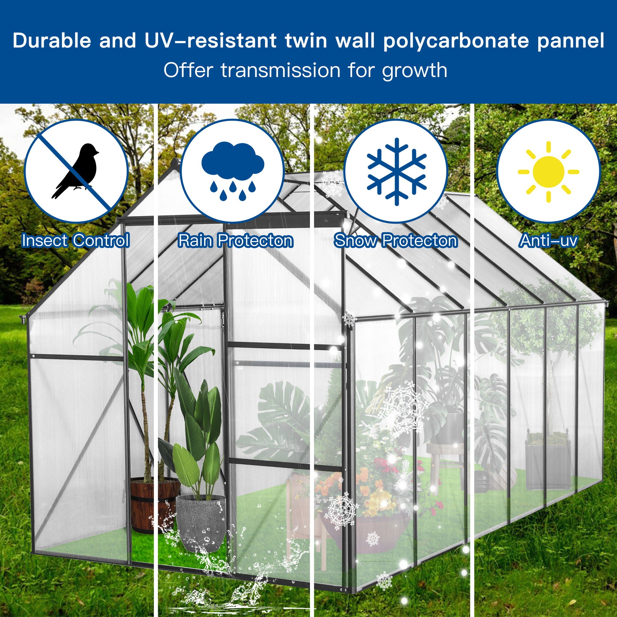 Polycarbonate house Raised Base And Anchor Aluminum Heavy Duty Walk-In houses For Outdoor Backyard In All Season