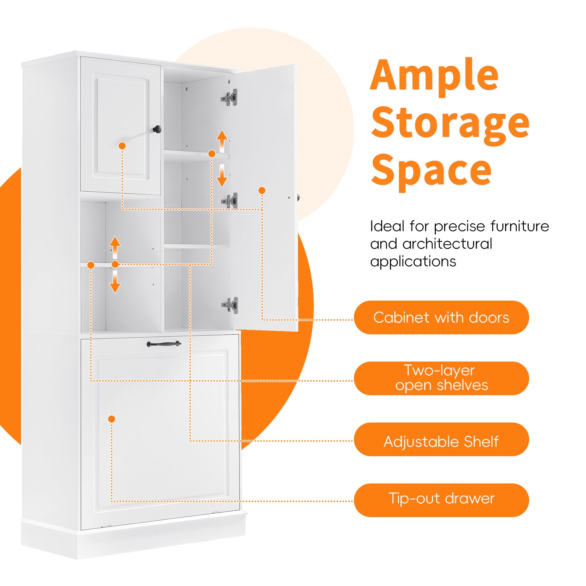 Modern Tall Storage Cabinet With Adjustable Shelves, Flip-Out Basket & Enclosed Doors