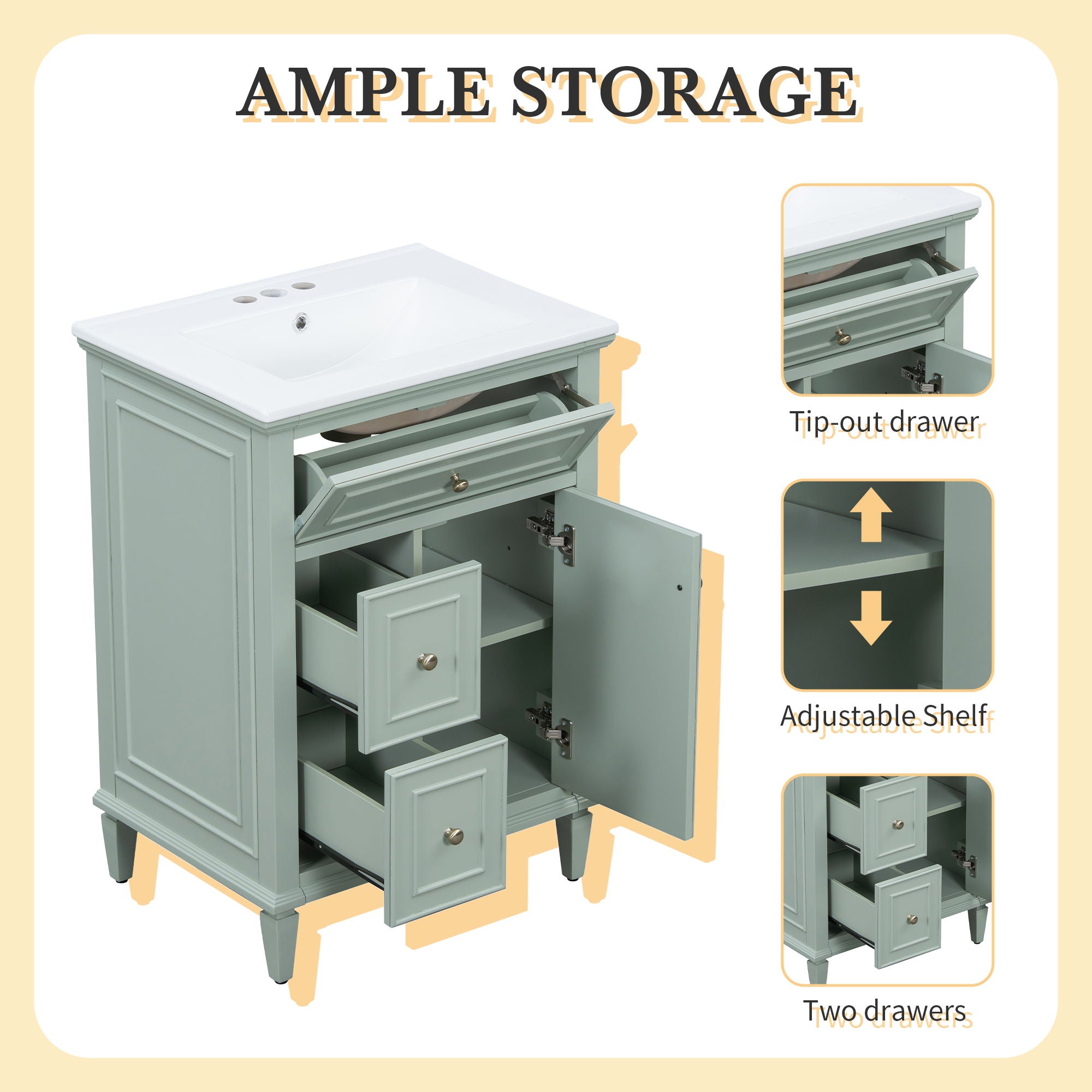Modern Bathroom Vanity With Sink, Adjustable Shelf, 1 Flip Drawer & 2 Drawers