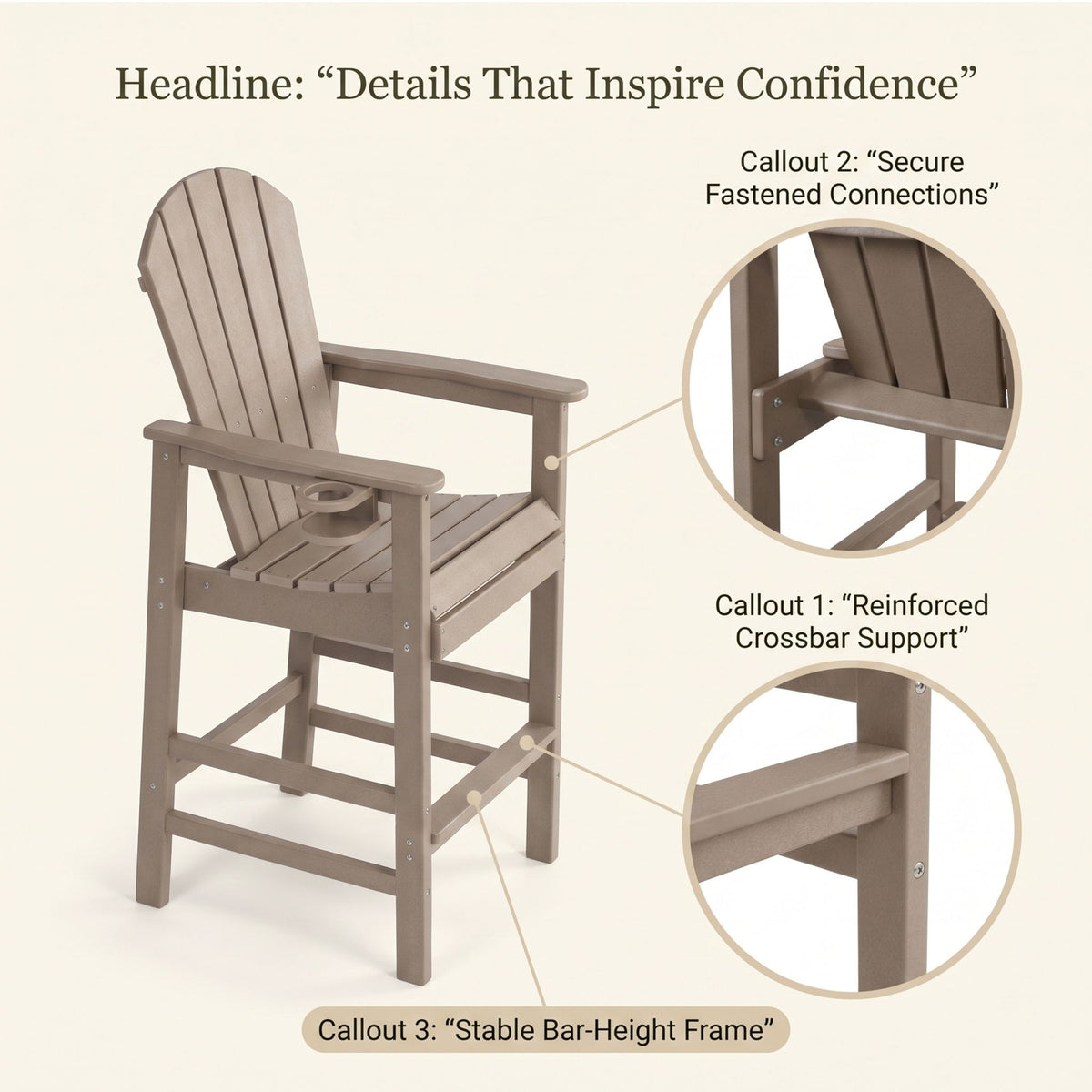 Bar Height Adirondack Chair With Cup Holder And Armrests