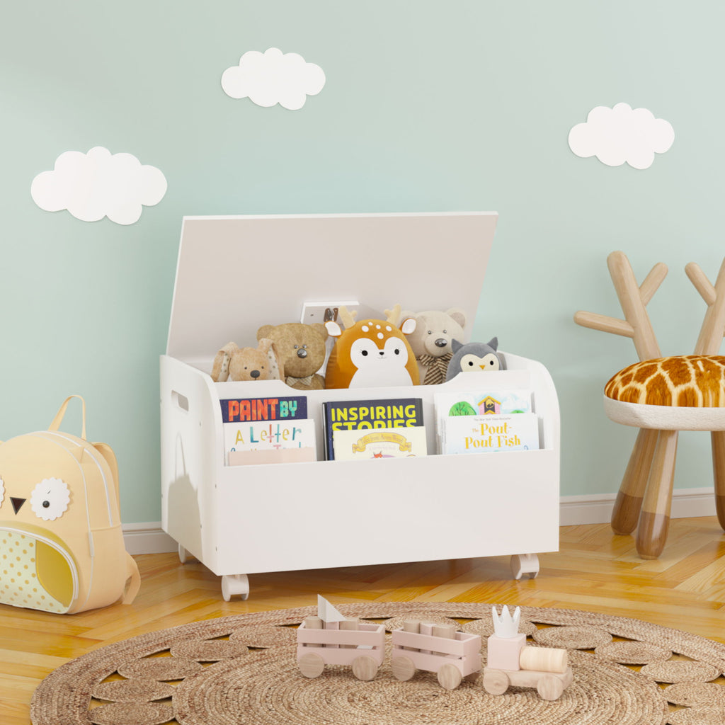 Toy Box With 4 Universal Wheels, Kids Playroom Storage Organizer With Front Bookshelf, Flip Top Lid, Safety Hinge - White