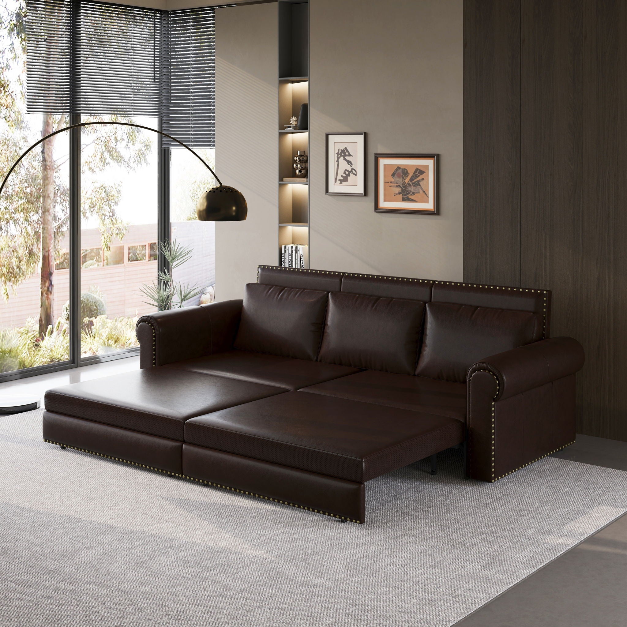 3 In 1 Convertible Sleeper Sofa With Nailhead Trim & Rolled Arm