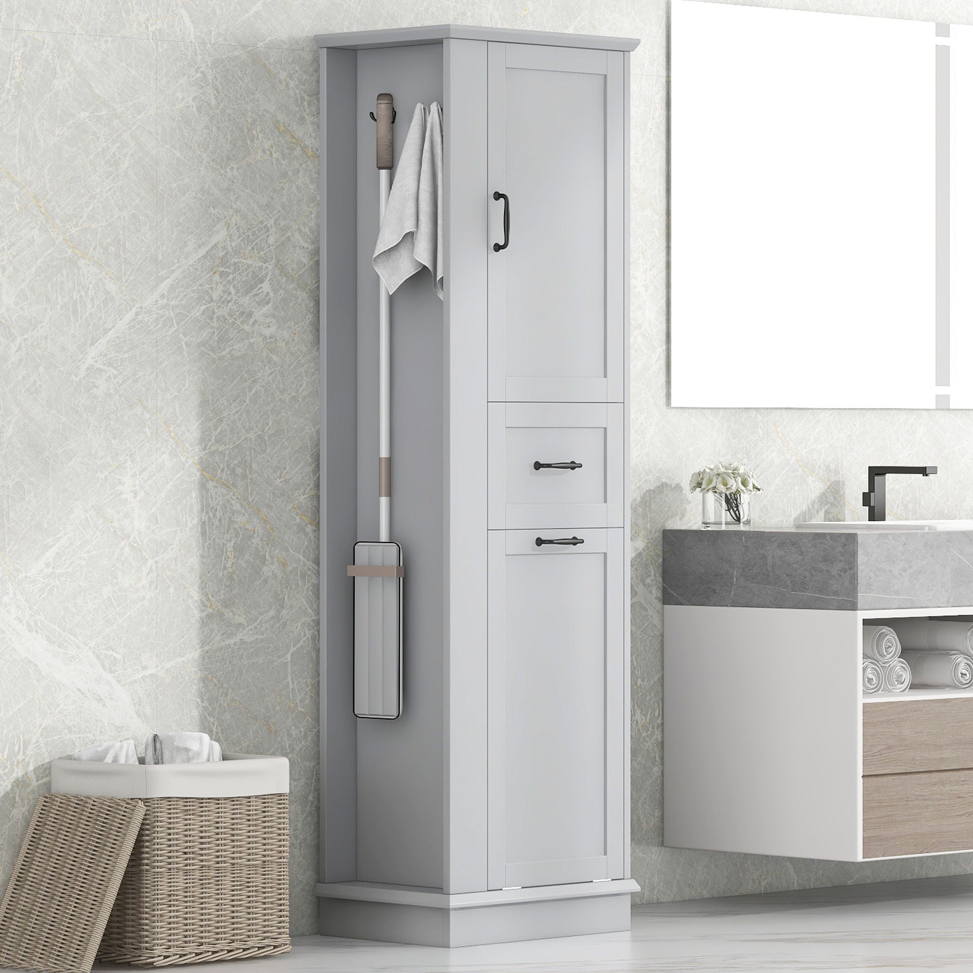 Modern Tall Storage Cabinet With Tilt-Out Compartment, Adjustable Shelves