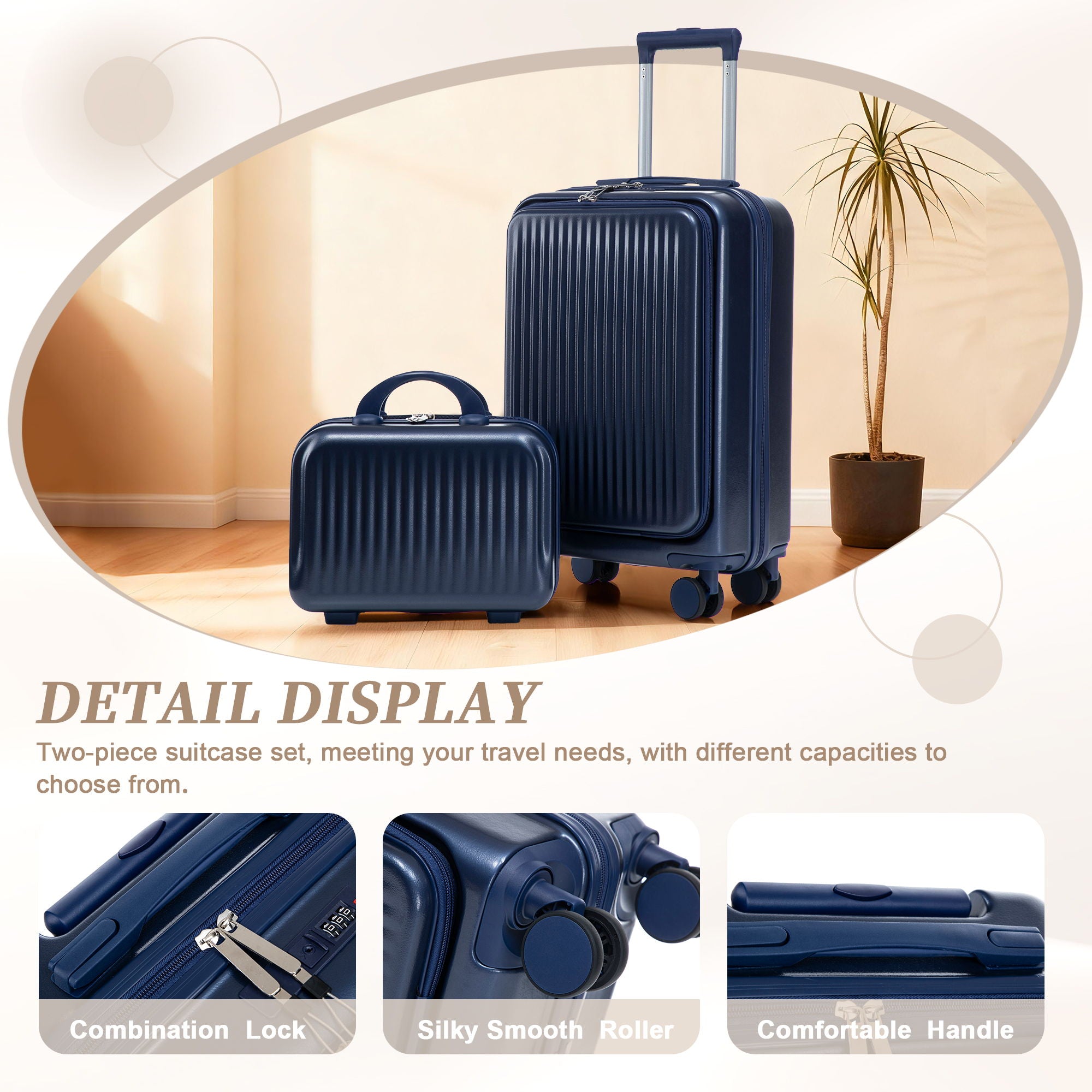 Luggage Set With Cosmetic Case, Combination Lock, Front Opening Design