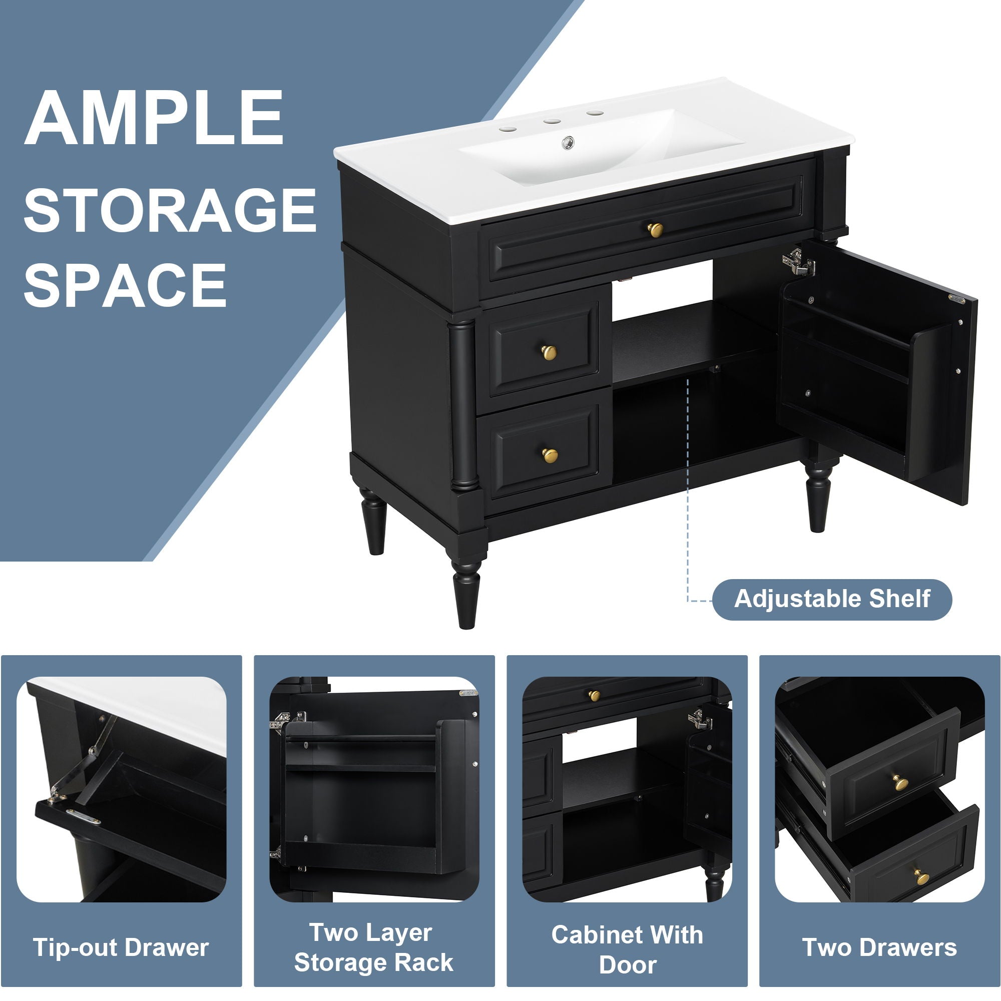 Freestanding Bathroom Vanity With Sink, Adjustable Shelf, Flip Drawer