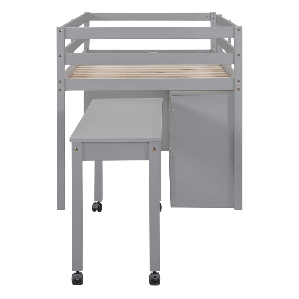 Loft Bed With Retractable Writing Desk And 4 Drawers, With Lateral Portable Desk And Shelves
