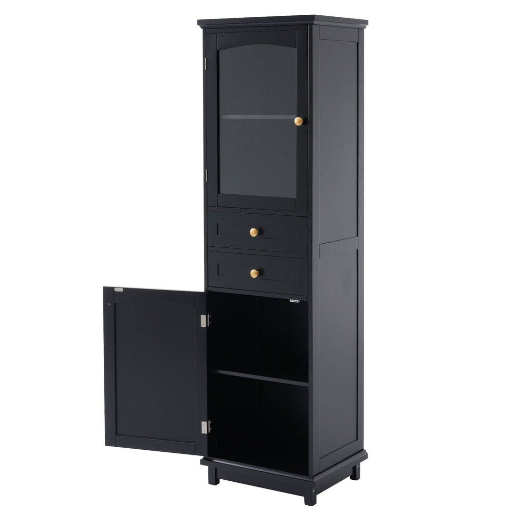 Tall Bathroom Storage Cabinet With Glass Doors, Free-Standing, Two Drawers, And Adjustable Shelves, Board, Painted Perfect For Displaying Your Favorite Items