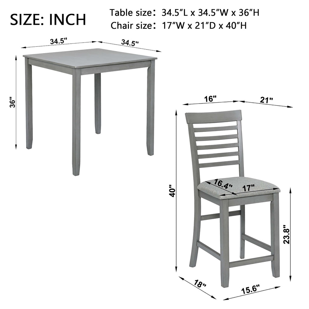 5 Piece Dining Table Set, Wooden Dining Square Table Set For 4, Counter Height Kitchen Table Set With Square Table And 4 Upholstered Chairs - Gray