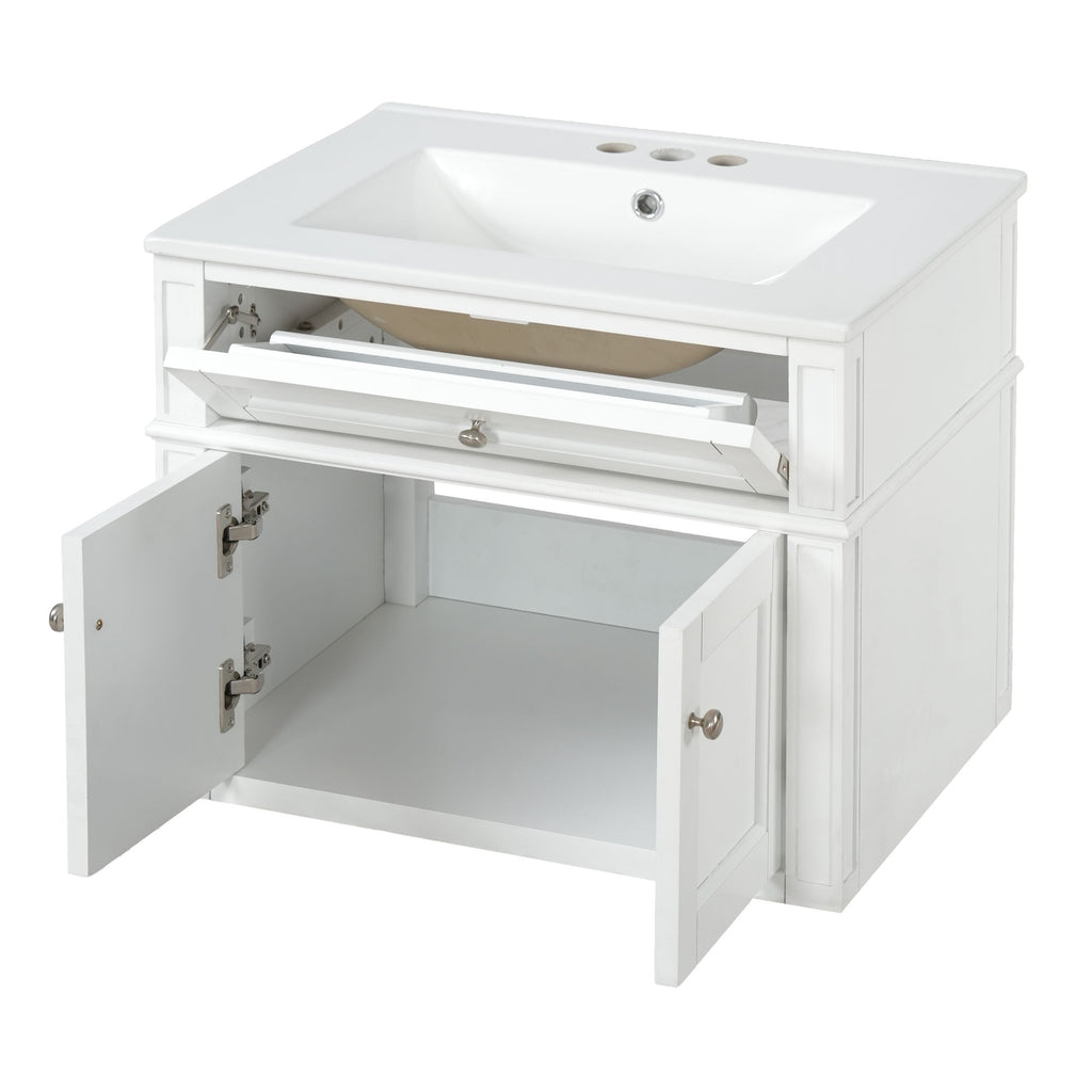 Wall Mounted Bathroom Vanity With Tip Out Drawer And Open Back Design