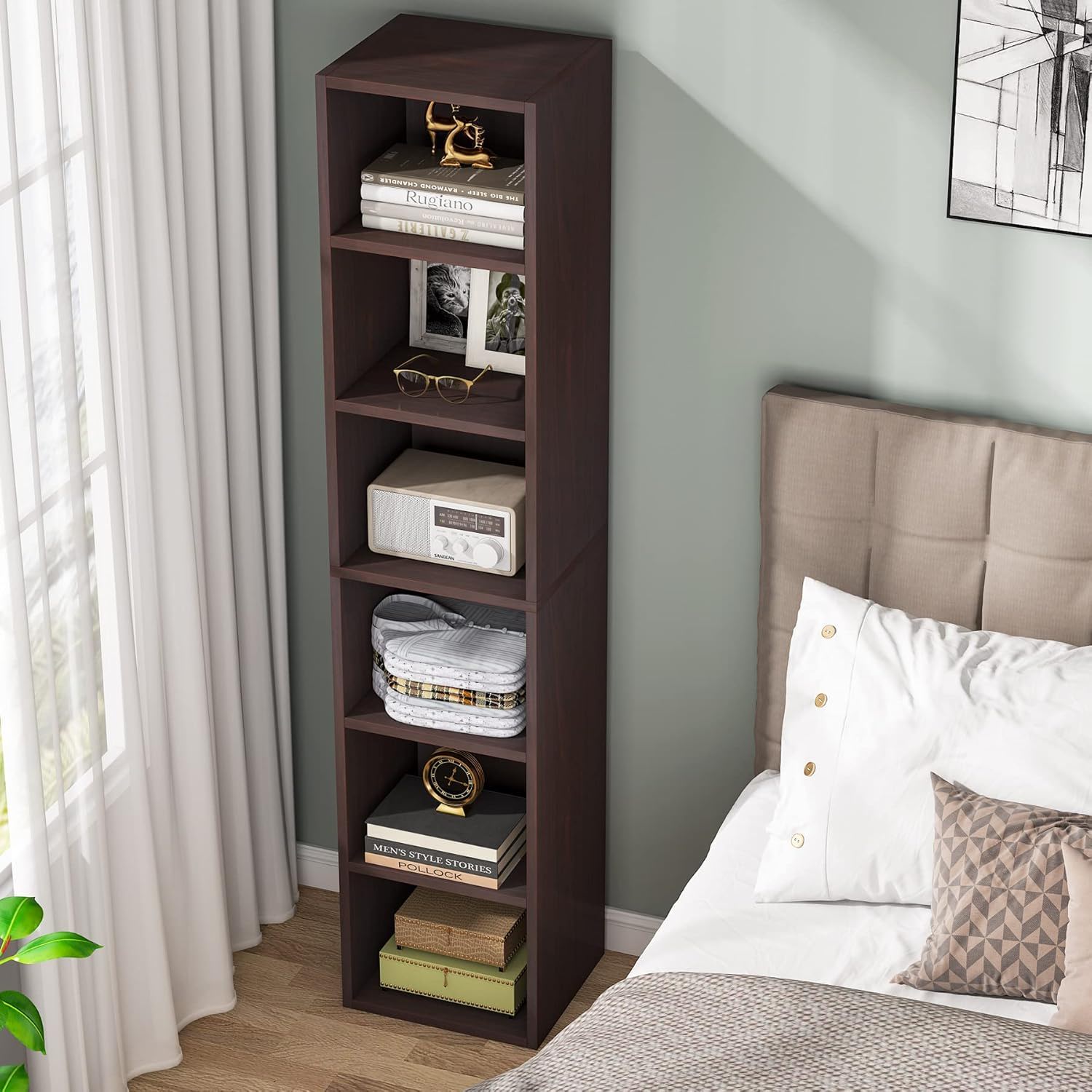 6 Tier Narrow Corner Cube Bookcase Storage, Freestanding Shelf With Open Cubes For Living Room