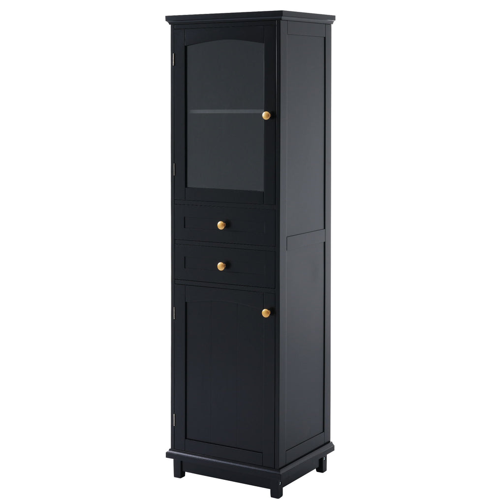 Tall Bathroom Storage Cabinet With Glass Doors, Free-Standing, Two Drawers, And Adjustable Shelves, Board, Painted Perfect For Displaying Your Favorite Items