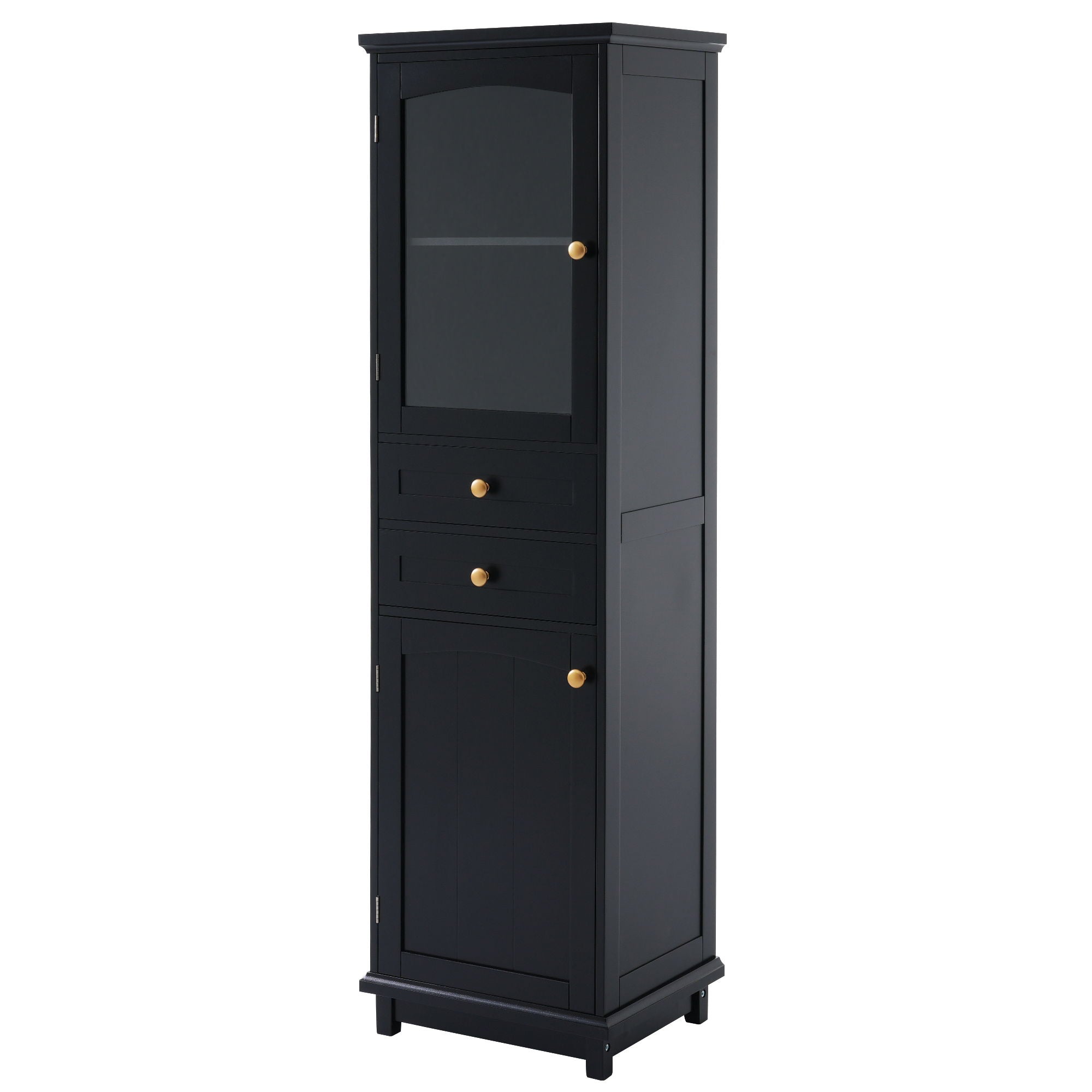 Tall Bathroom Storage Cabinet With Glass Doors, Free-Standing, Two Drawers, And Adjustable Shelves, Board, Painted Perfect For Displaying Your Favorite Items
