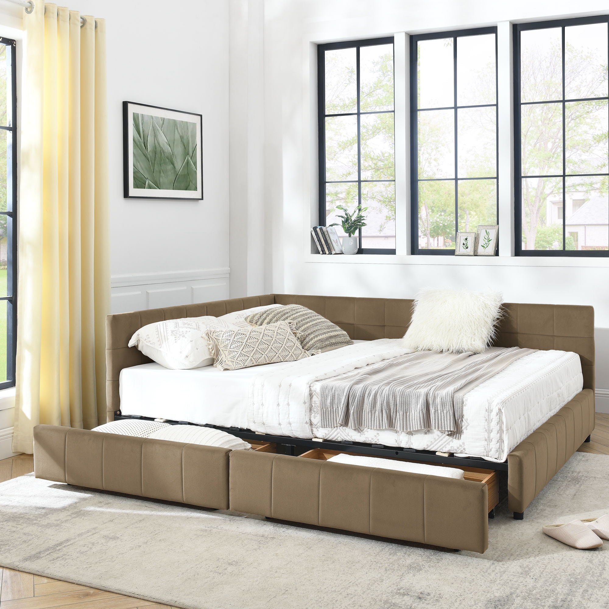 Storage Upholstered Tufted Bed Frame With Backrest And Armrests