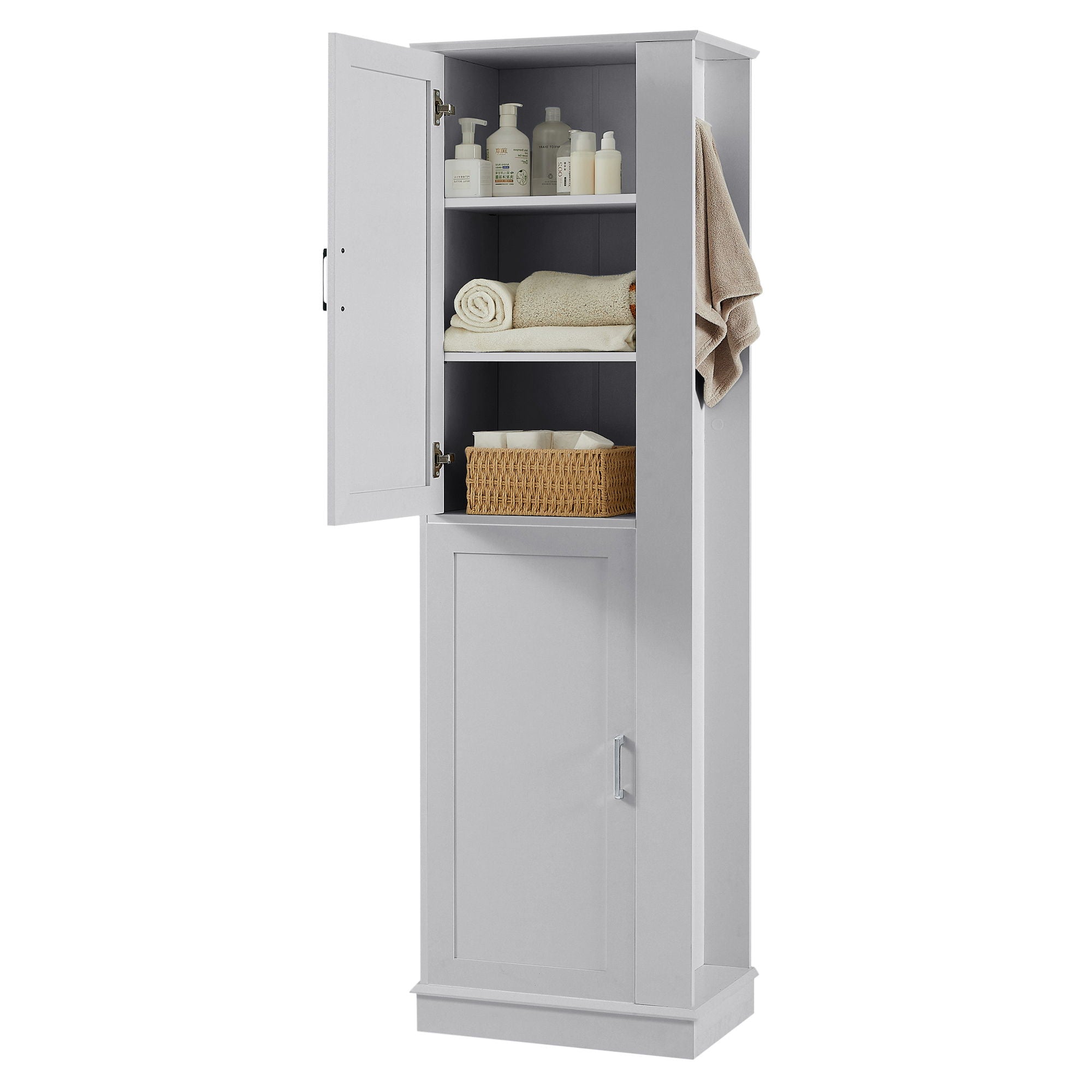 Tall Freestanding Bathroom Storage Cabinet With Adjustable Shelves And Side Hooks