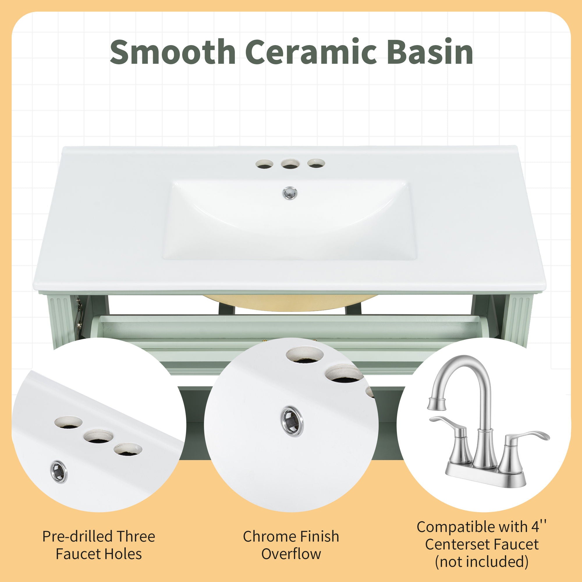 Bathroom Vanity With Sink, Flip-Out Top Drawer, Soft Close Doors, 2 Storage Drawers