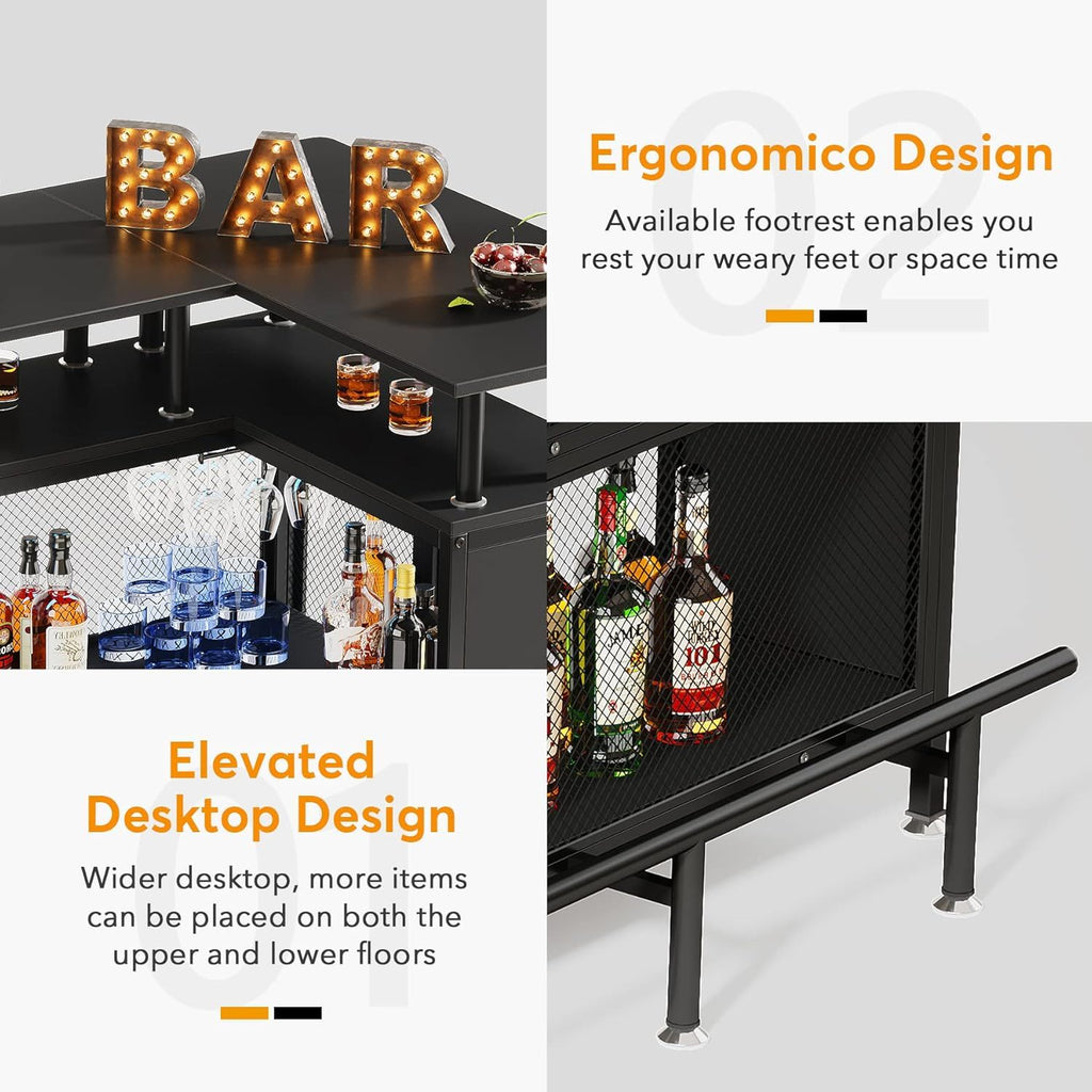 L Shaped Home Mini Bar Table With 2 Tier Shelves & Glass Racks - Black