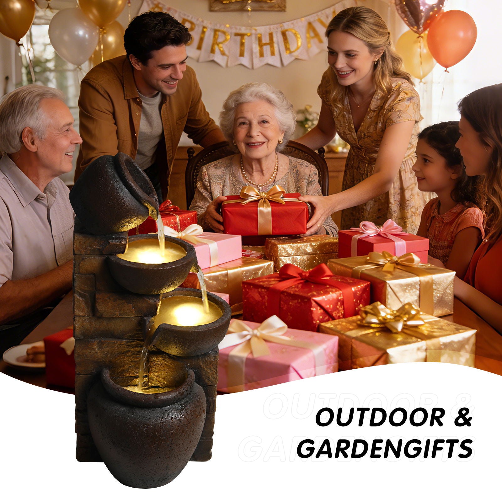 Tiered Outdoor Garden Water Fountain With Warm LED Lights - Brown
