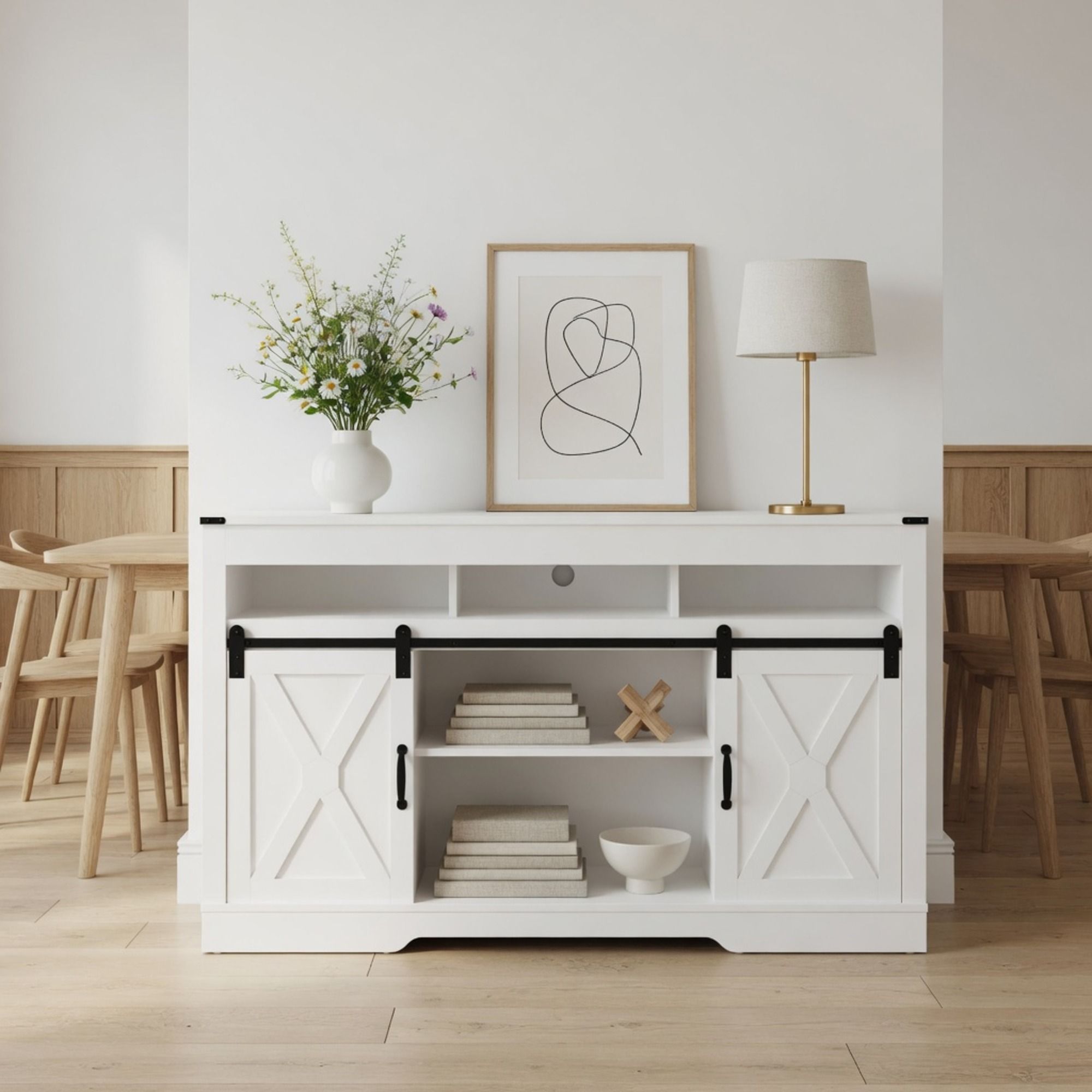 Farmhouse TV Stand With Sliding Barn Doors & Adjustable Storage