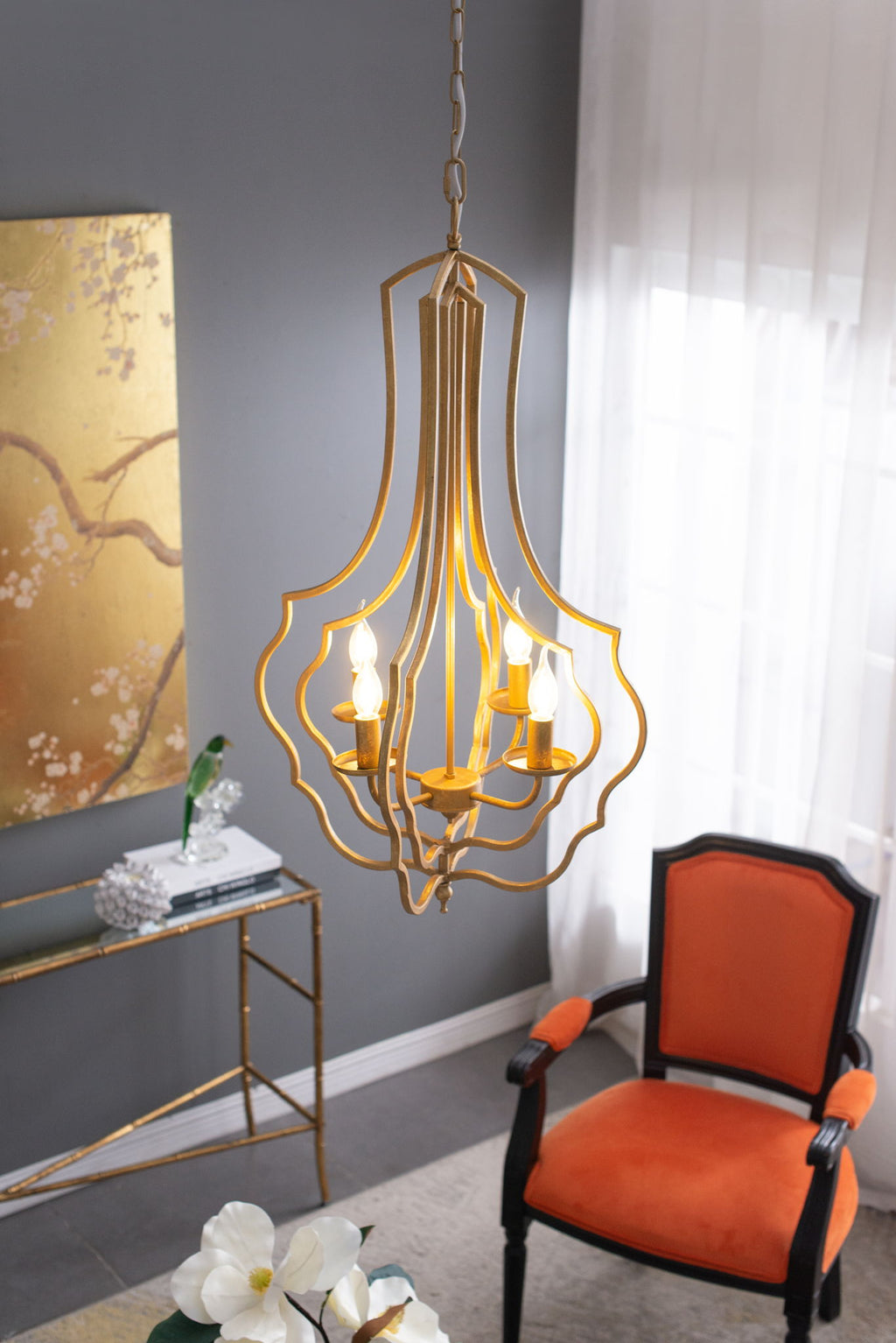 4 Light Chandelier, Hanging Light Fixture With Adjustable Chain For Kitchen, Bulb Not Included - Gold