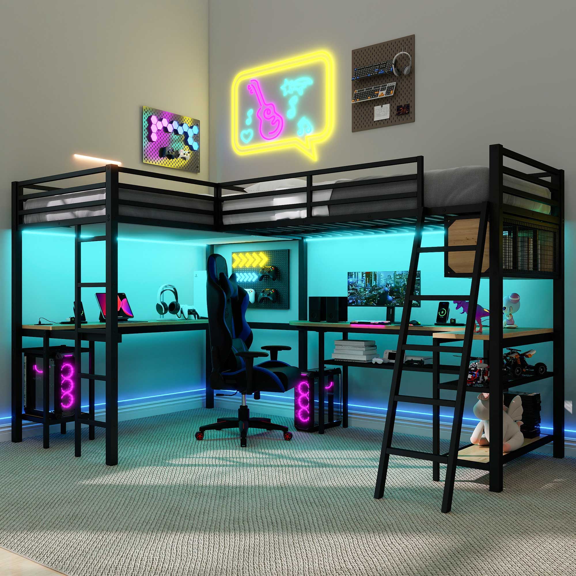 Mission Style Twin L-Shaped Loft Bed With LED, Storage Shelves, 2 Charging Stations, And 2 Built In Desks - Black