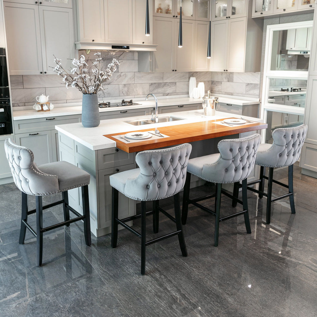 Contemporary Upholstered Wing-Back Barstools With Button Tufted Decoration And Wooden Legs, And Nailhead Trim, Leisure Style Bar Chairs, Bar Stools (Set of 2)