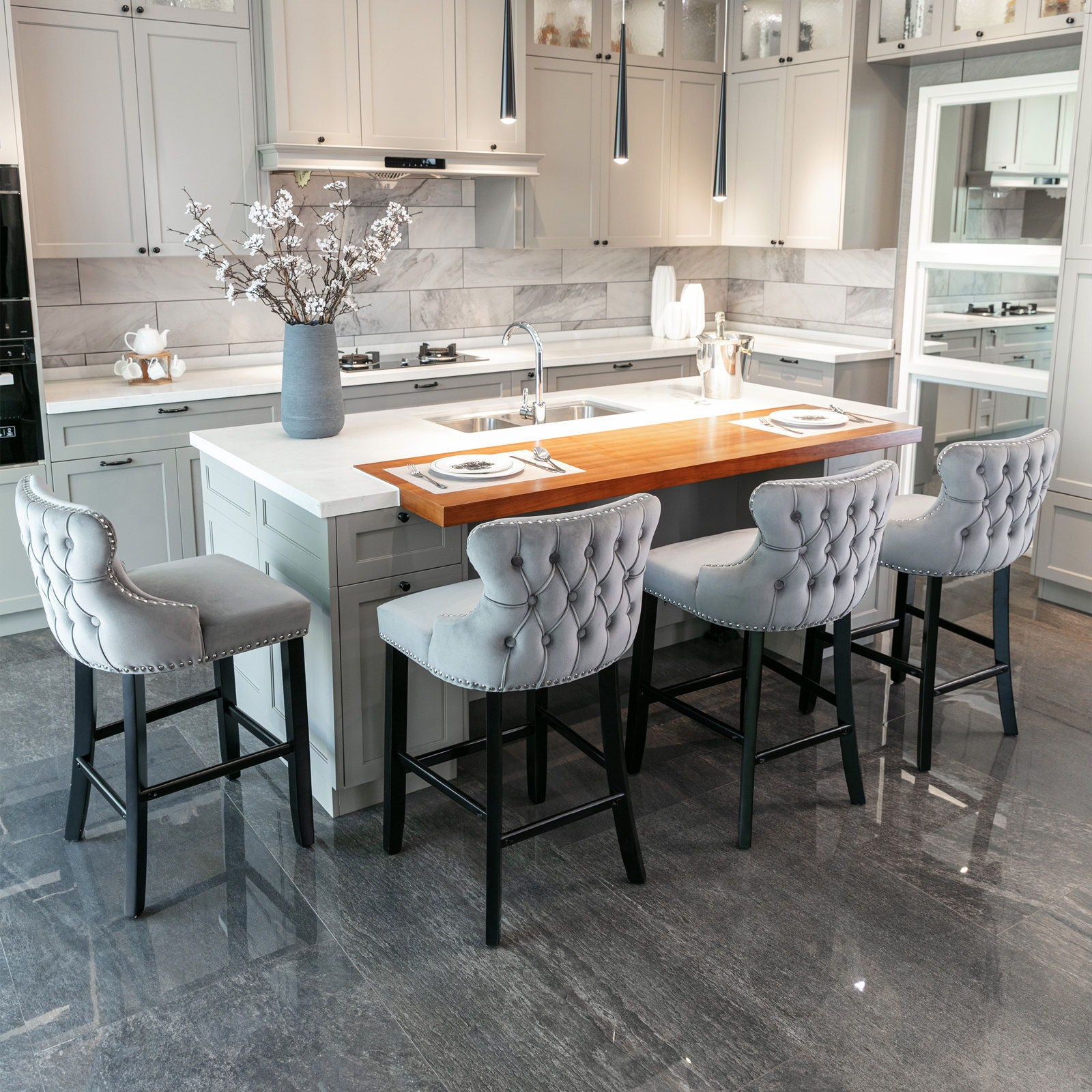 Contemporary Upholstered Wing-Back Barstools With Button Tufted Decoration And Wooden Legs, And Nailhead Trim, Leisure Style Bar Chairs, Bar Stools (Set of 2)