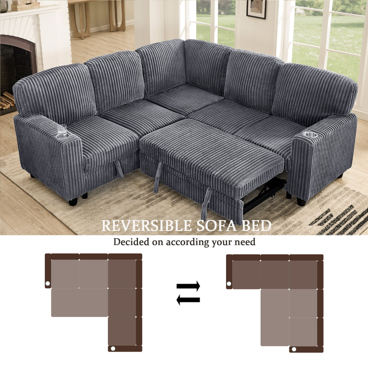 L-Shaped Sectional Sofa Bed With Pull Out Bed & Storage, 5 Seat Sleeper Couch With USB Charging For Living Room - Gray