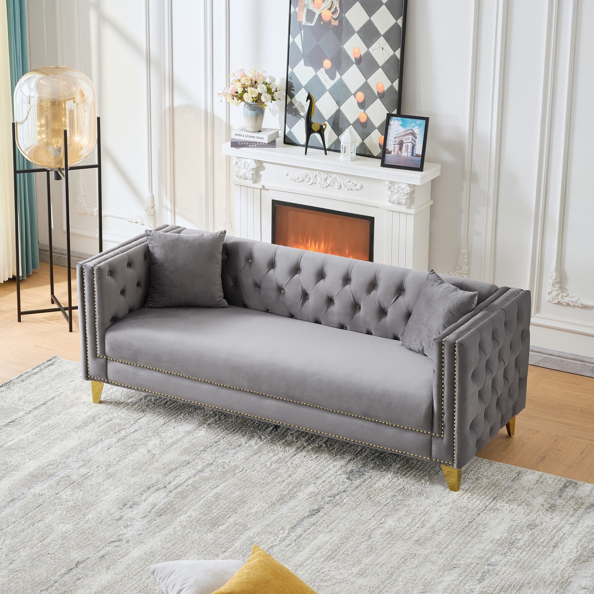 3 Seater Deep Seat Sofa, Sofa With Button Nailhead, Square Arm