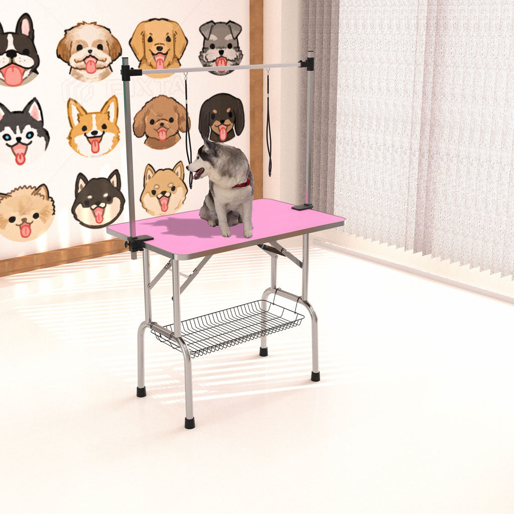 Folding Dog Pet Grooming Table Stainless Steel Frame Rubber Mat On Board With Adjustable Arm And Clamps Pet Dog Cat Grooming Table